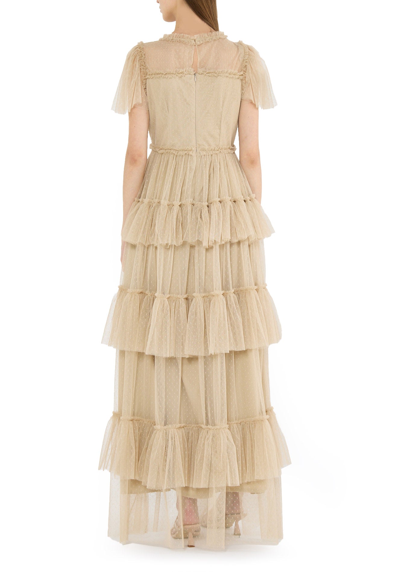 Stunning Frilled Long Tulle Dress With Illusion Neckline And Short Flared Sleeves