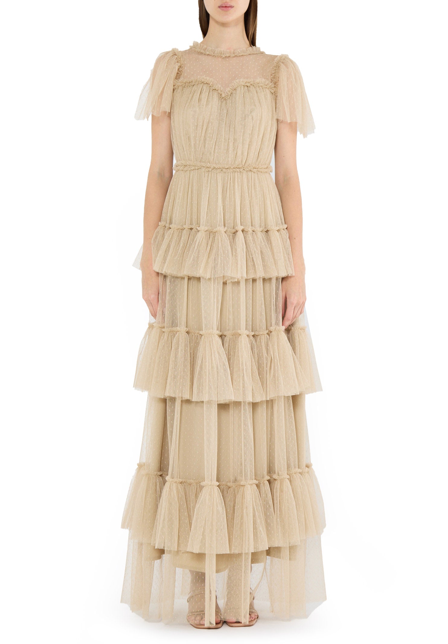 Stunning Frilled Long Tulle Dress With Illusion Neckline And Short Flared Sleeves