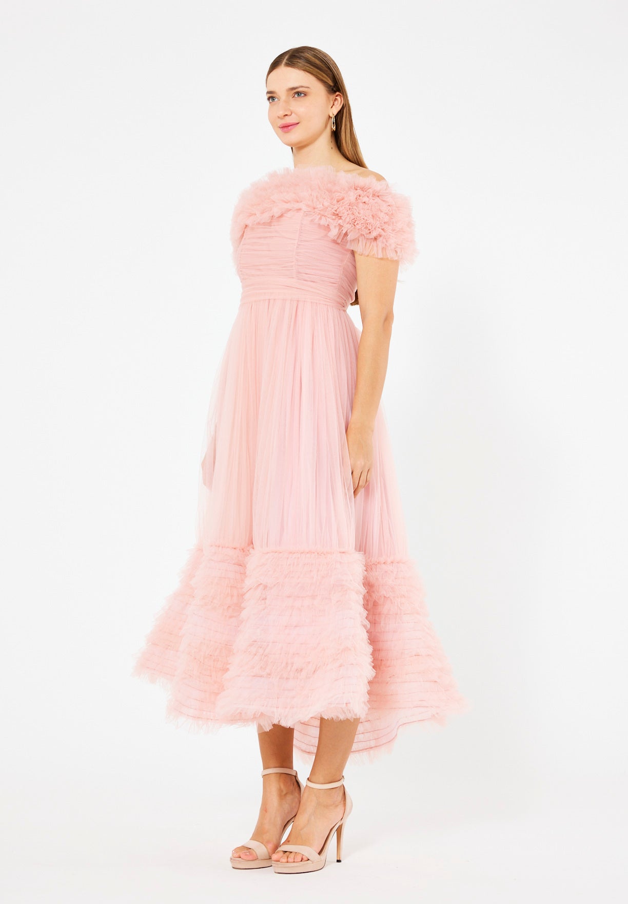 Ruffled Off-Shoulder Tulle Dress