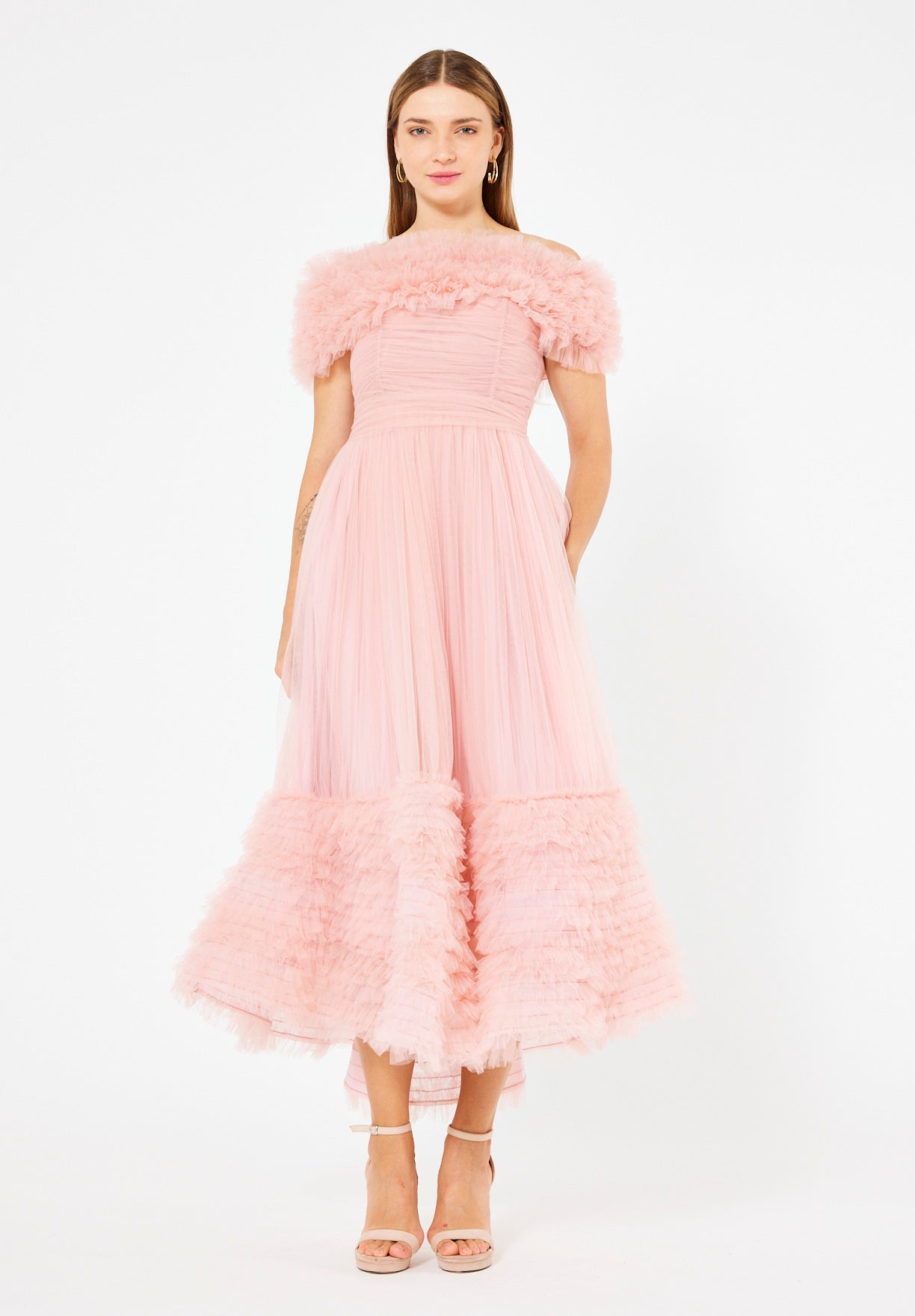 Ruffled Off-Shoulder Tulle Dress