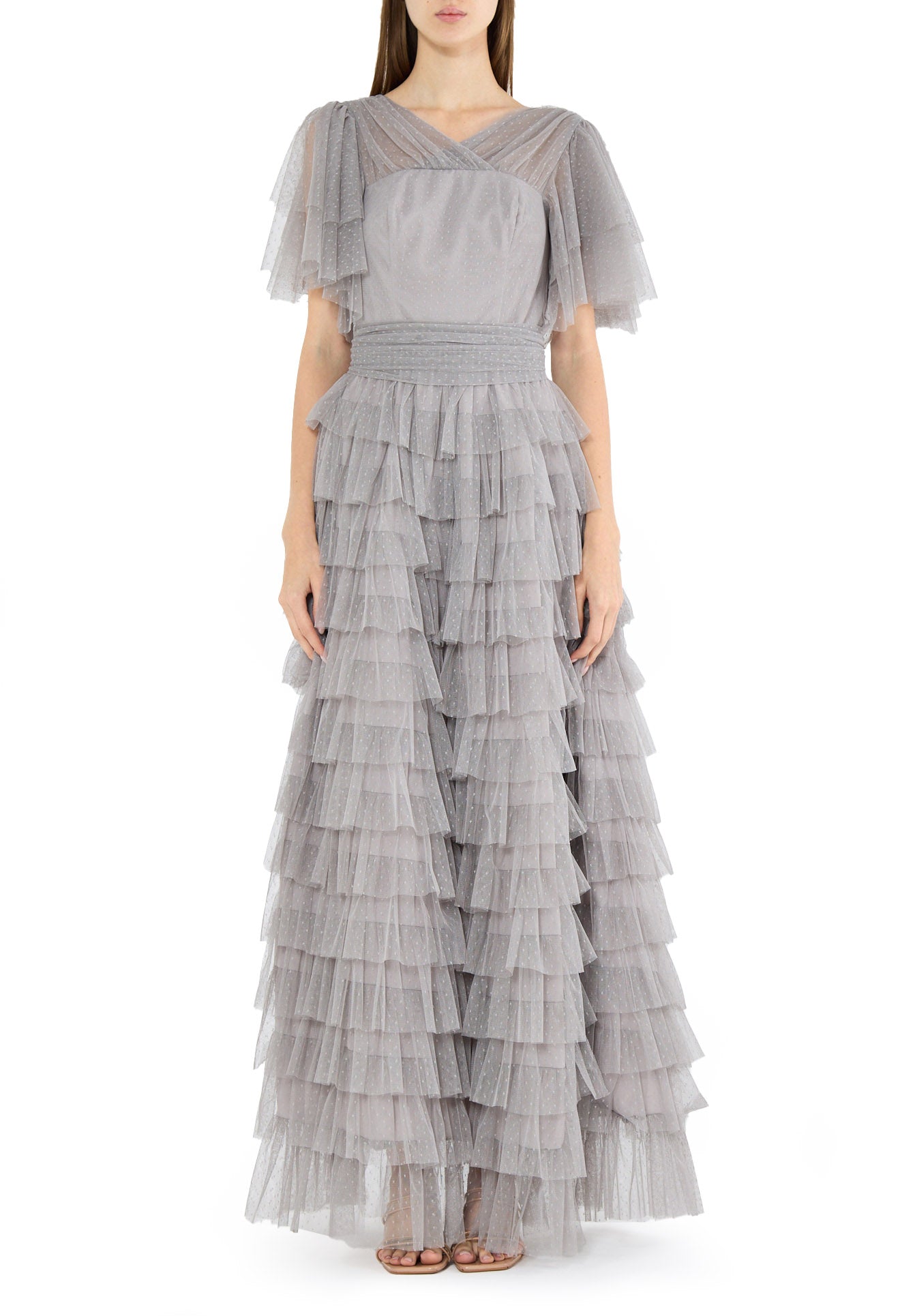 Stunning Frilled Long Tulle Dress With V-Neckline And Layered Short Sleeves