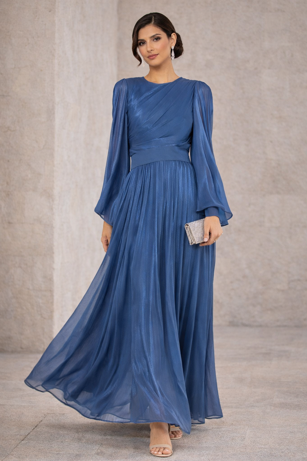 Beautiful Silk Flared Long Dress With Round Neckline And Flared Long Sleeves