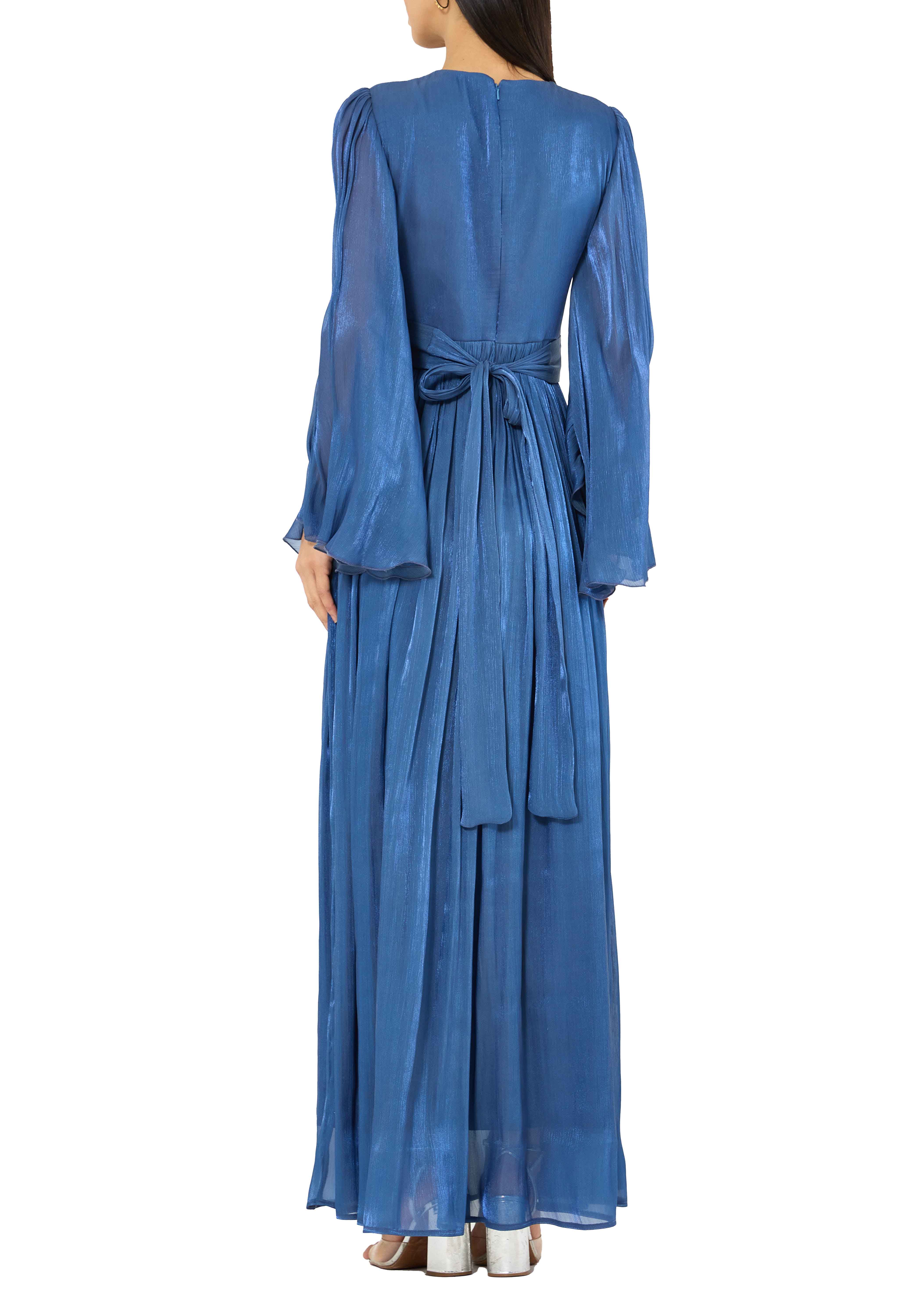 Beautiful Silk Flared Long Dress With Round Neckline And Flared Long Sleeves