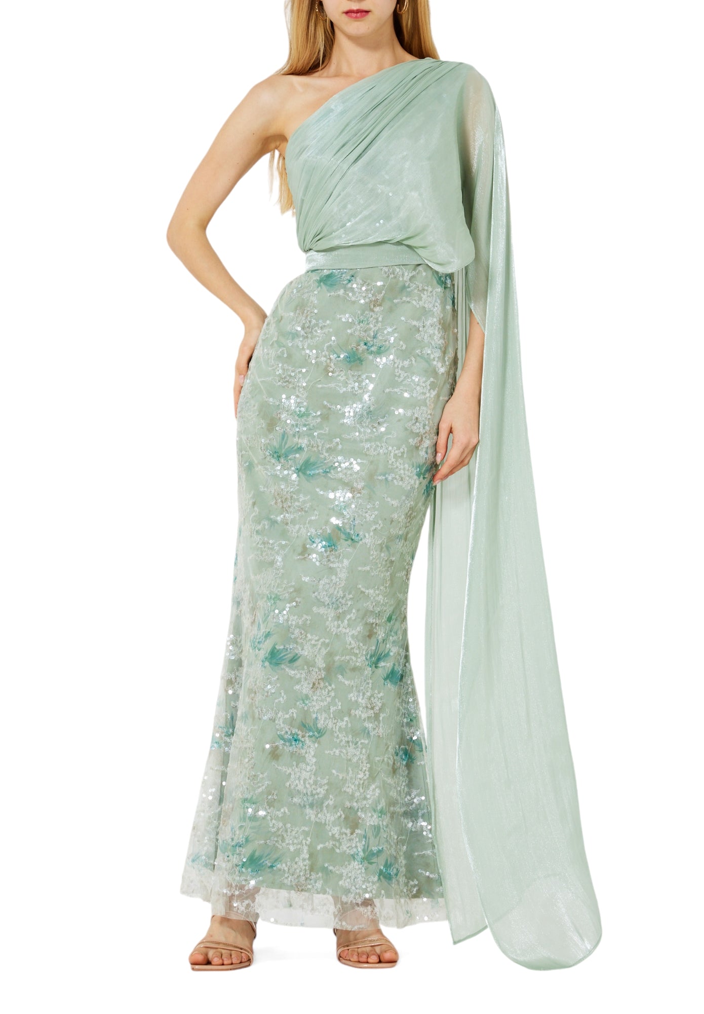 Stunning Sequins Mermaid Dress With Silk Drape On The Body And Sleeveless With One Shoulder Neckline