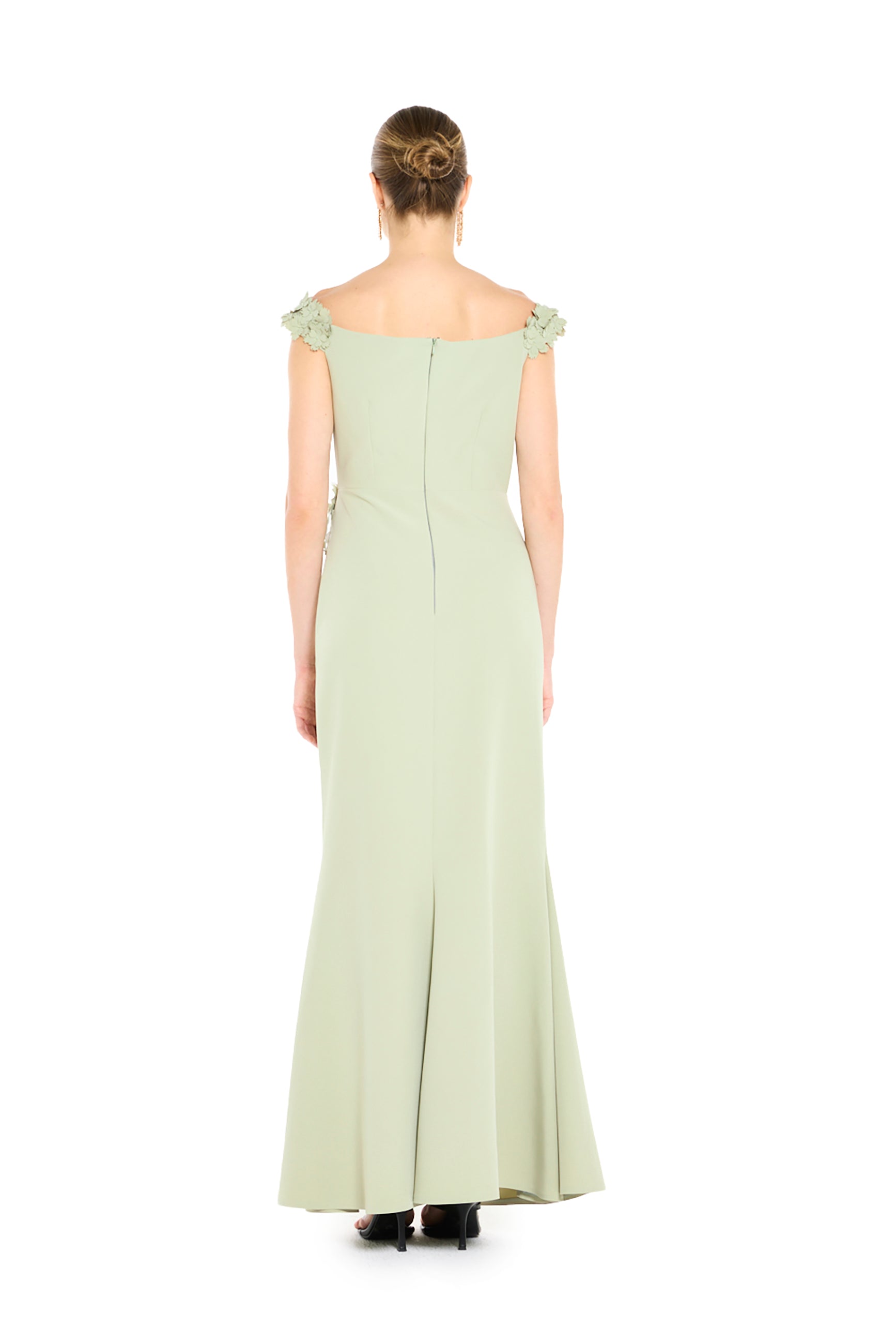 Off-Shoulder Maxi Dress with Floral Appliqué