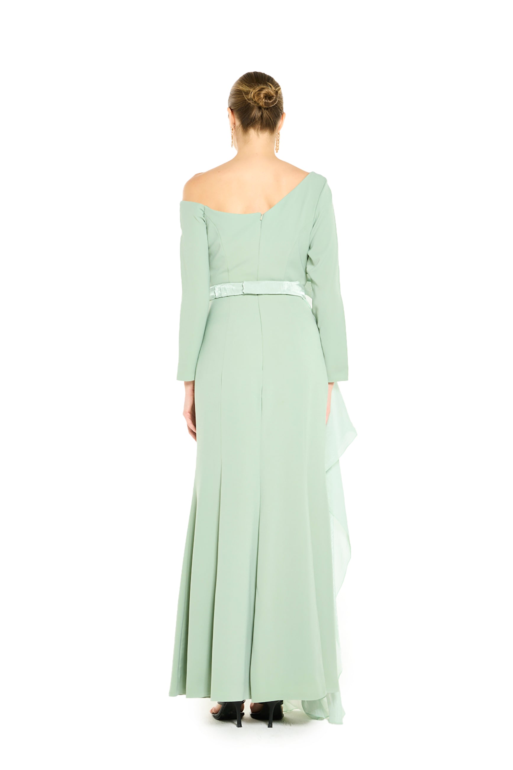 Off-Shoulder Sculptural Floral Appliqué and Draped Panel Dress