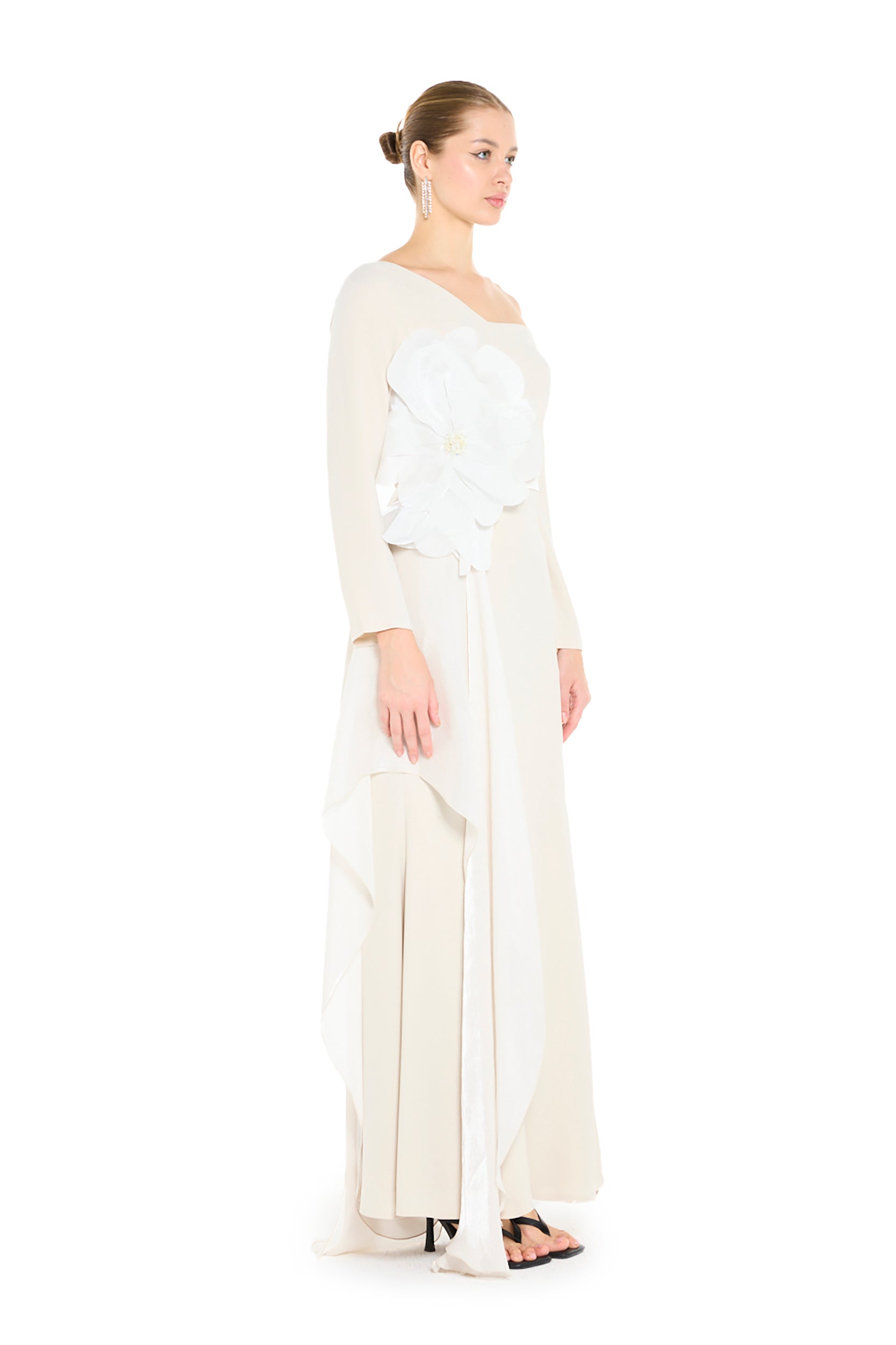 Off-Shoulder Sculptural Floral Appliqué and Draped Panel Dress