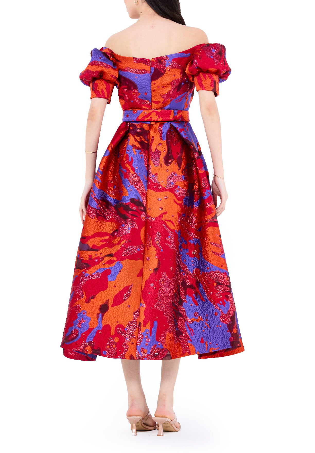 Vibrant Jacquard Off-The-Shoulder Midi Dress