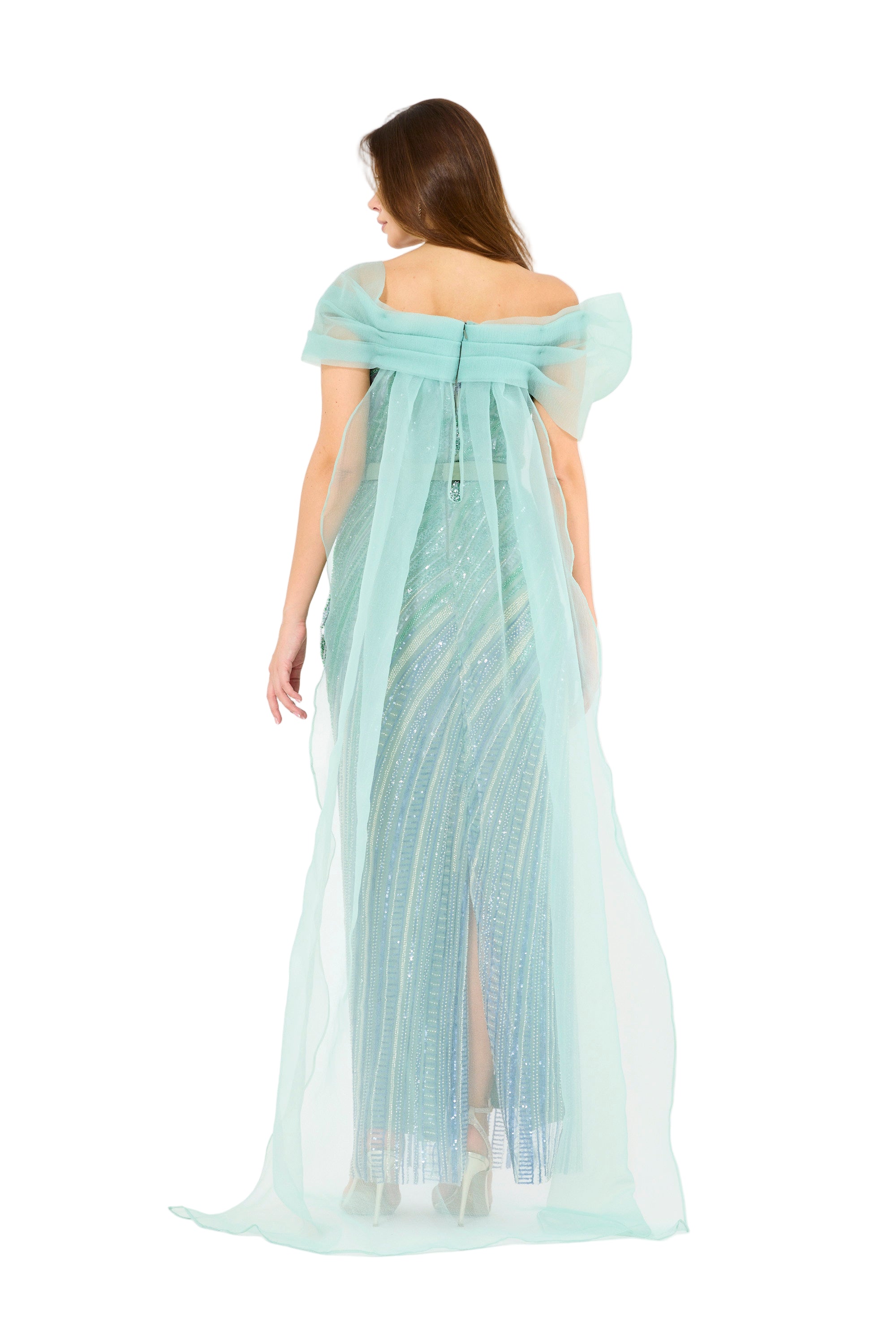 Ombré Texture Embellished Off-The-Shoulder Gown