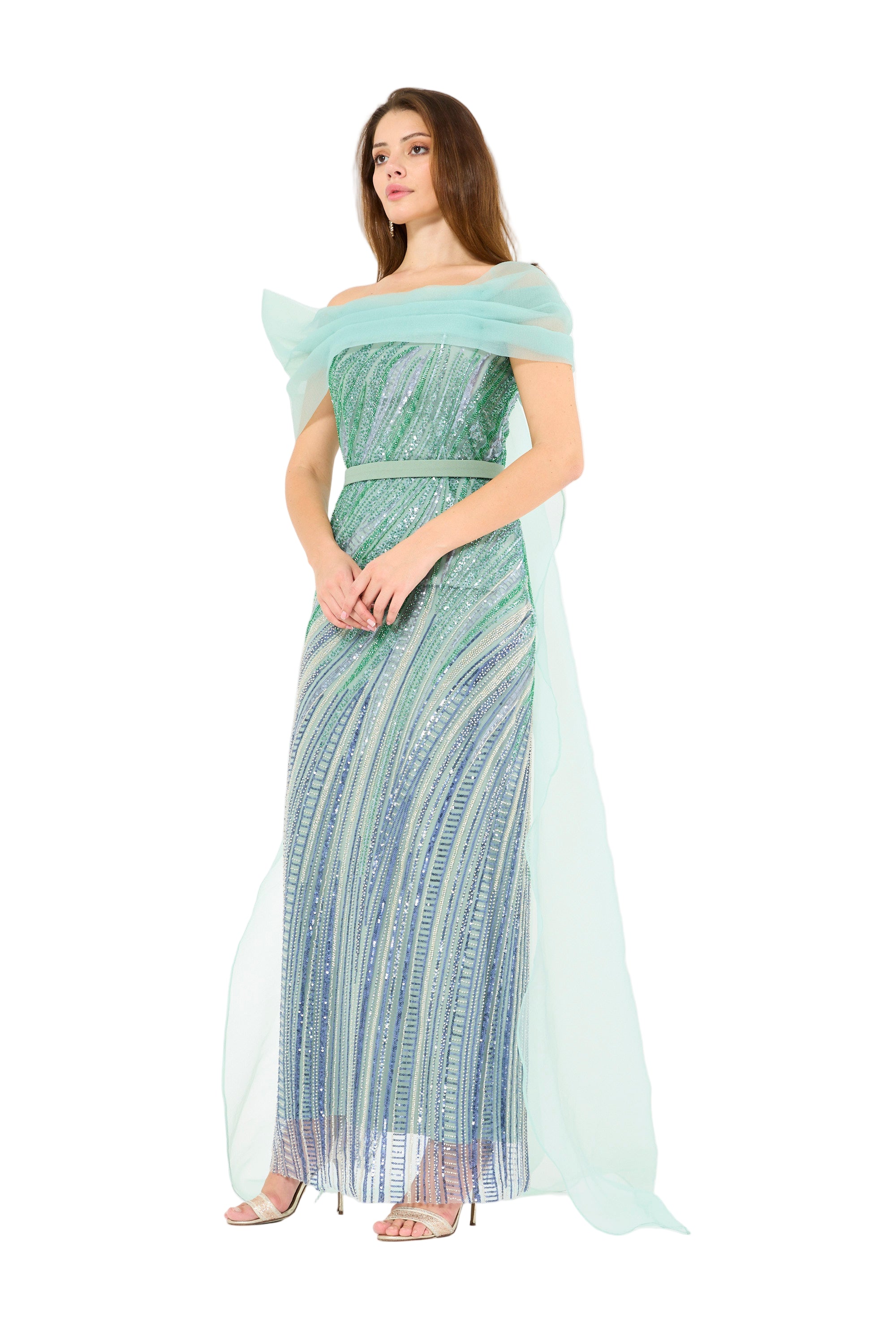 Ombré Texture Embellished Off-The-Shoulder Gown