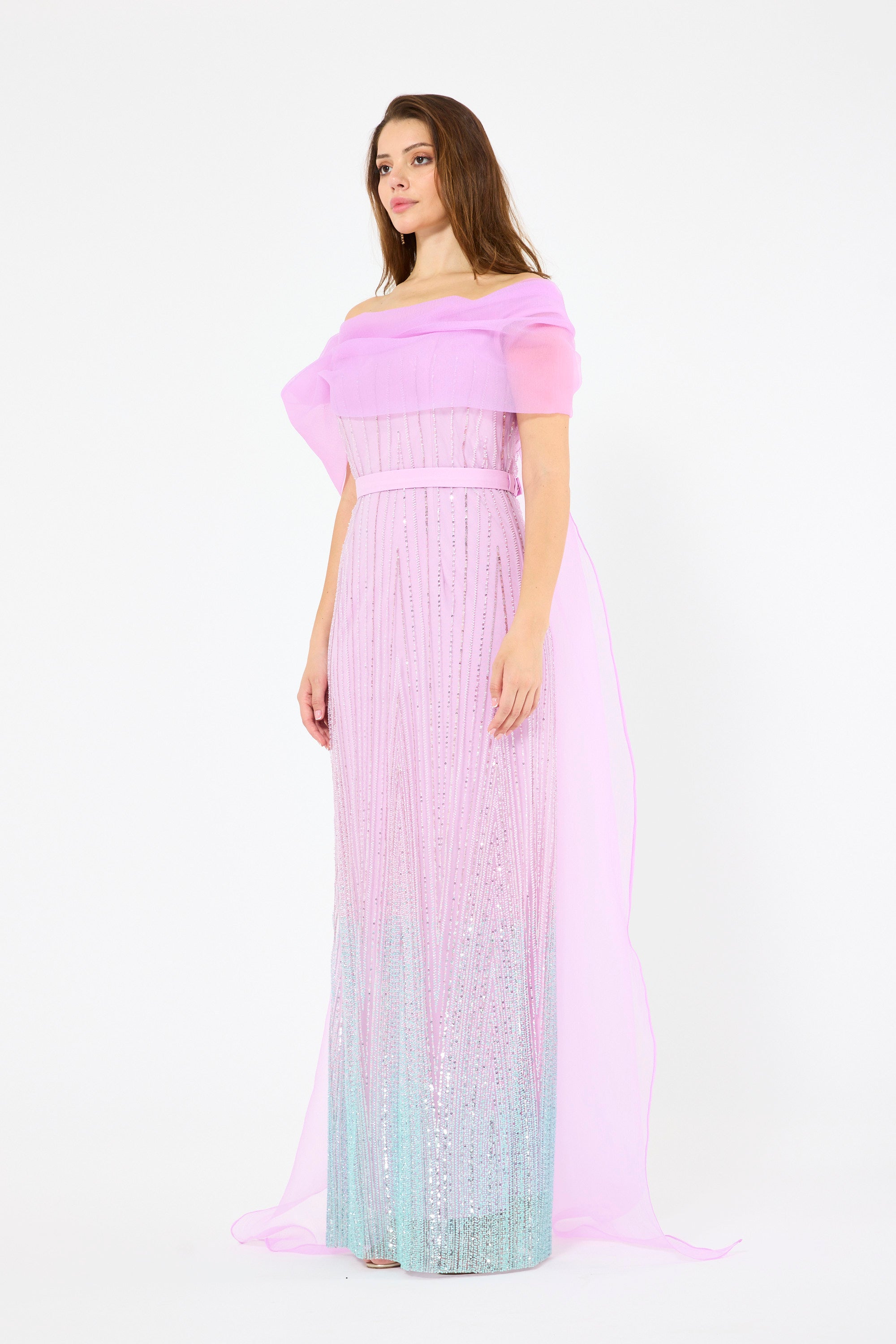 Ombré Texture Embellished Off-The-Shoulder Gown