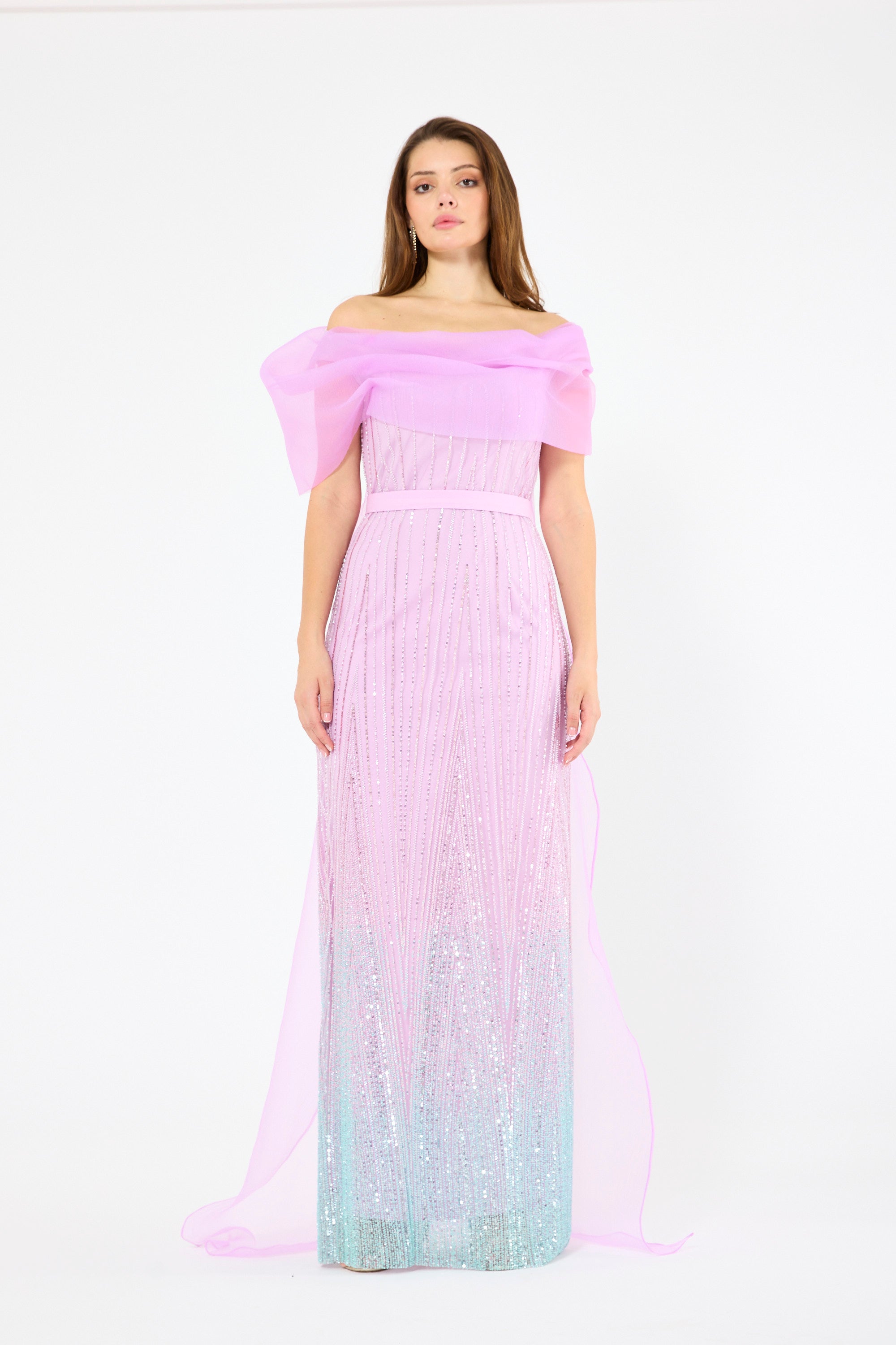 Ombré Texture Embellished Off-The-Shoulder Gown