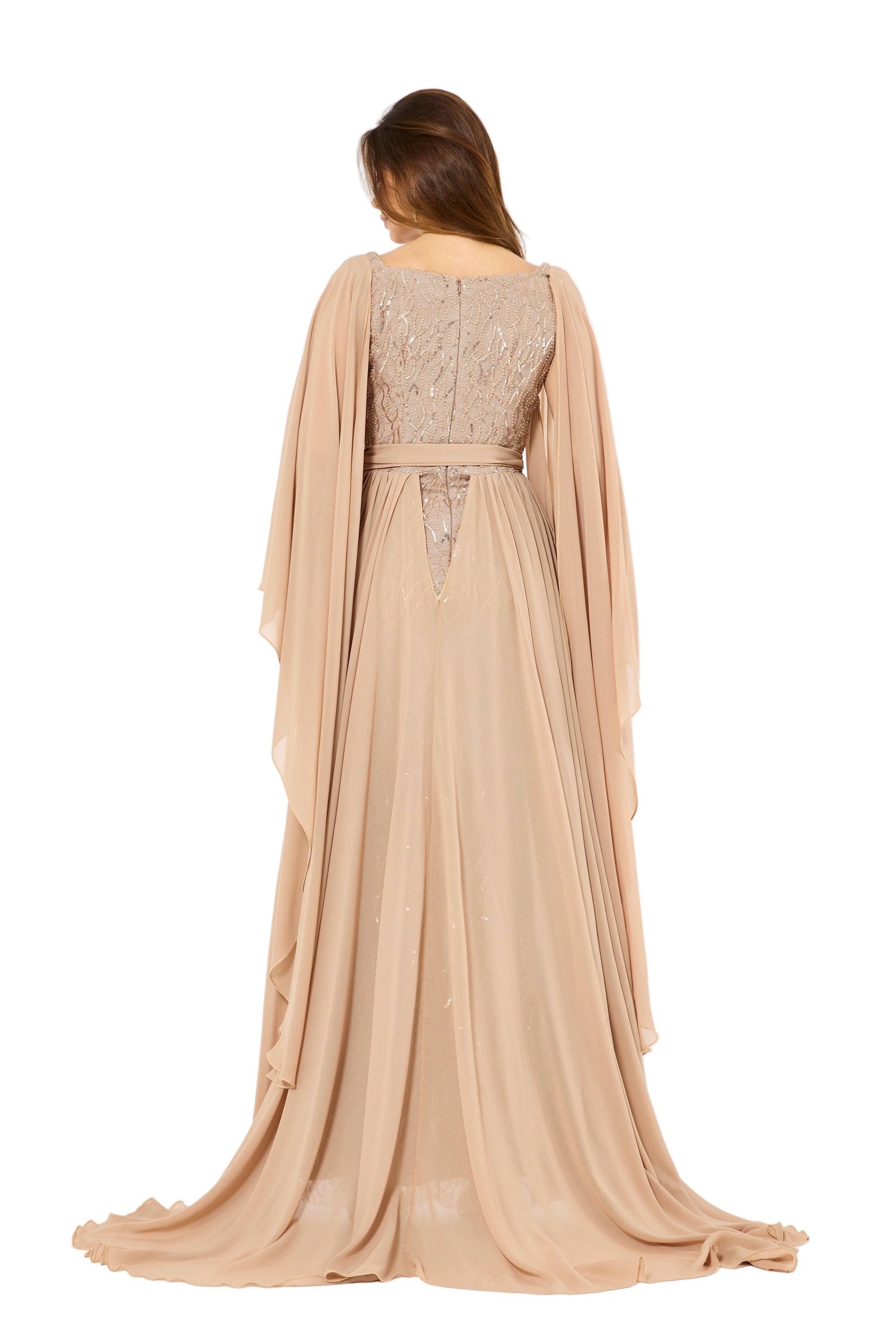 Flare Cape Sleeves Draped Embroidered Gown