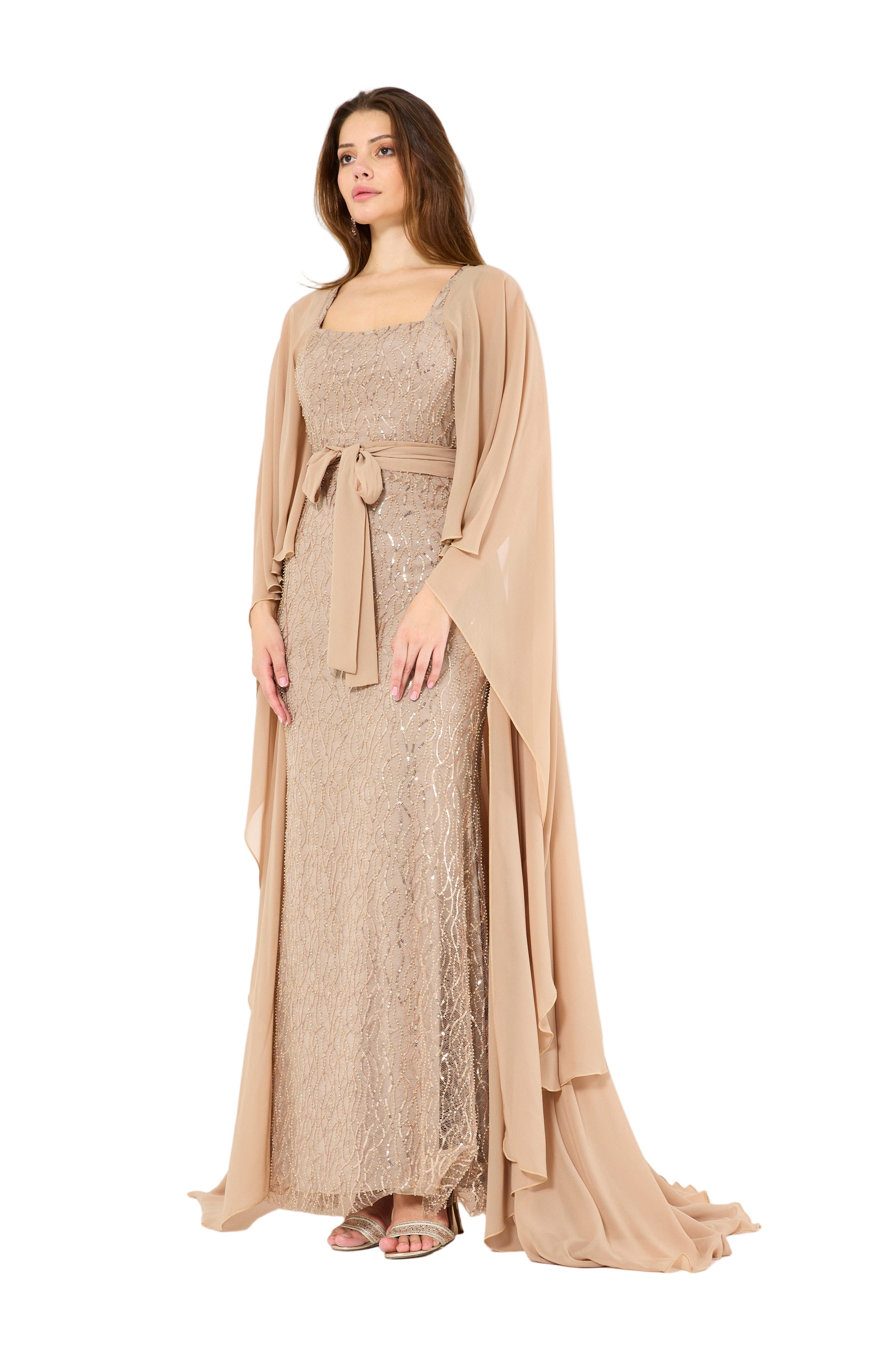 Flare Cape Sleeves Draped Embroidered Gown