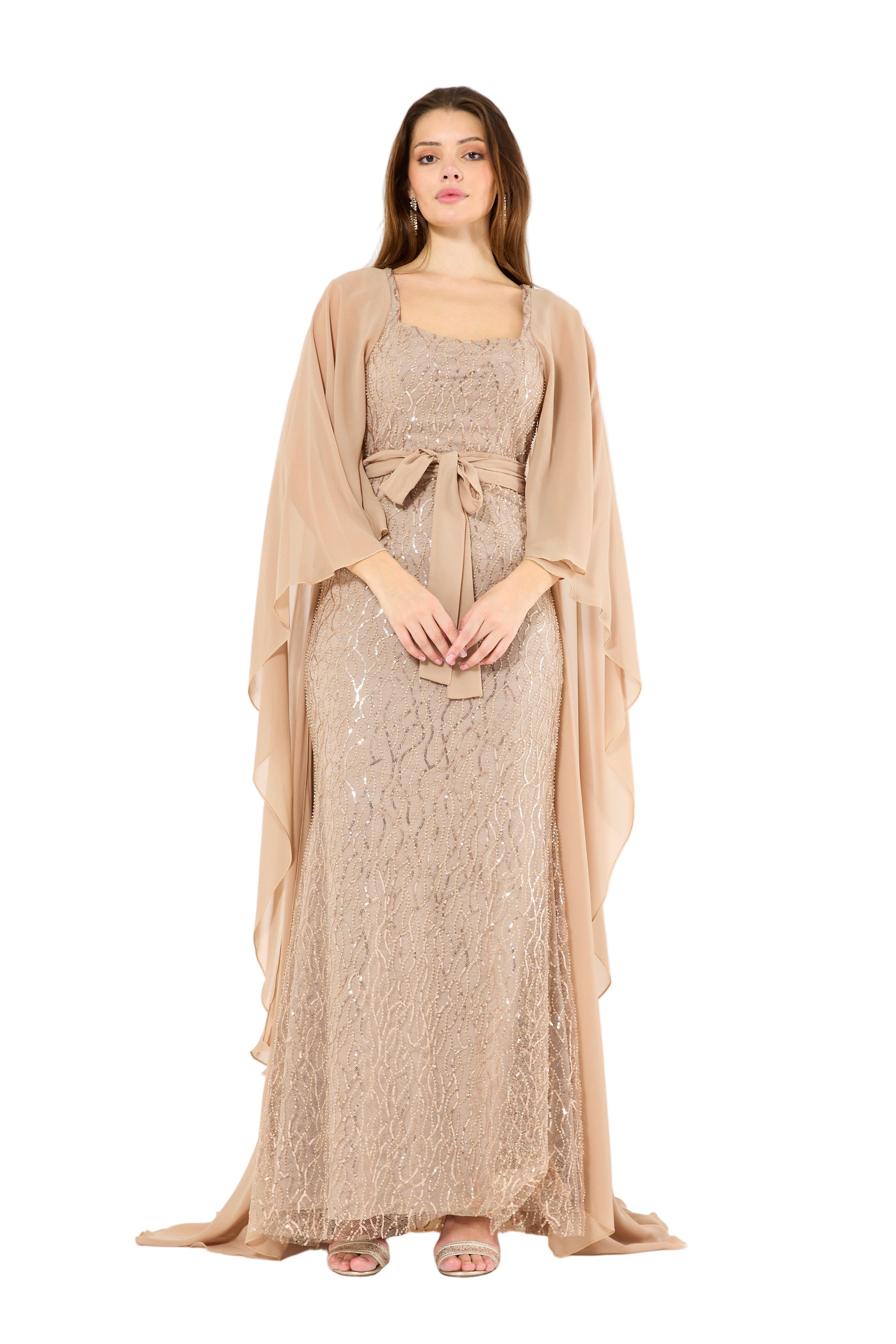 Flare Cape Sleeves Draped Embroidered Gown