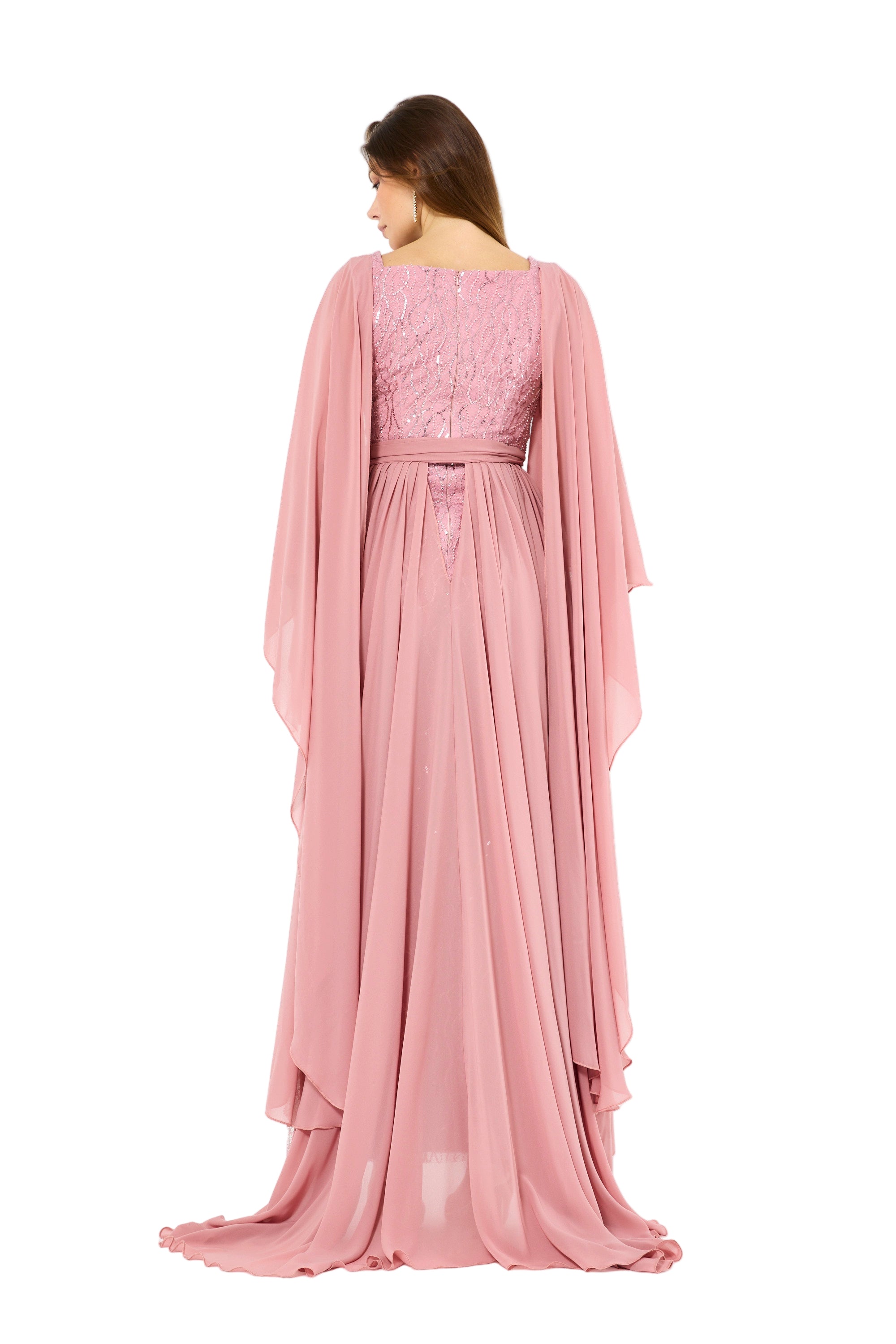 Flare Cape Sleeves Draped Embroidered Gown