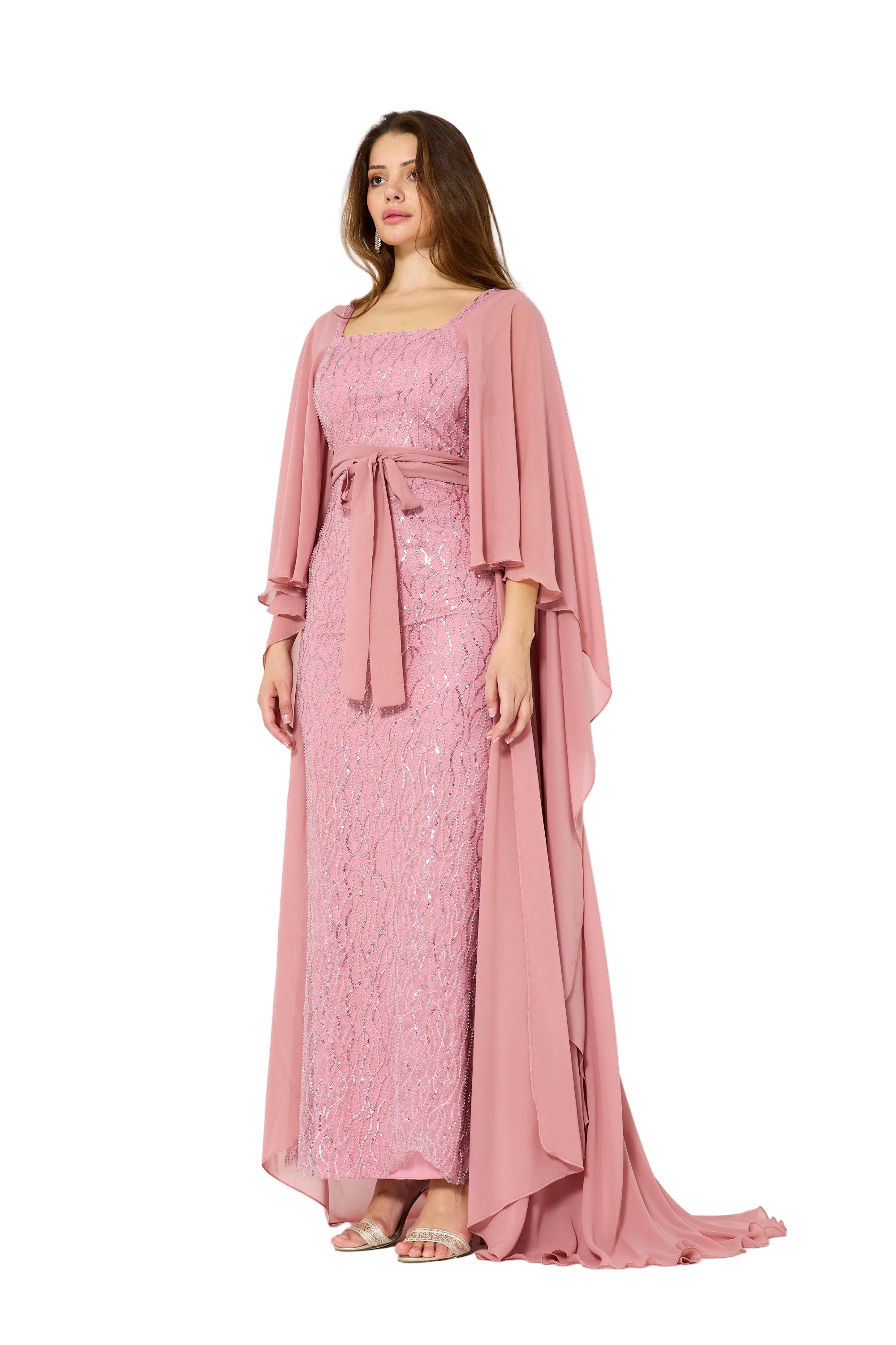 Flare Cape Sleeves Draped Embroidered Gown