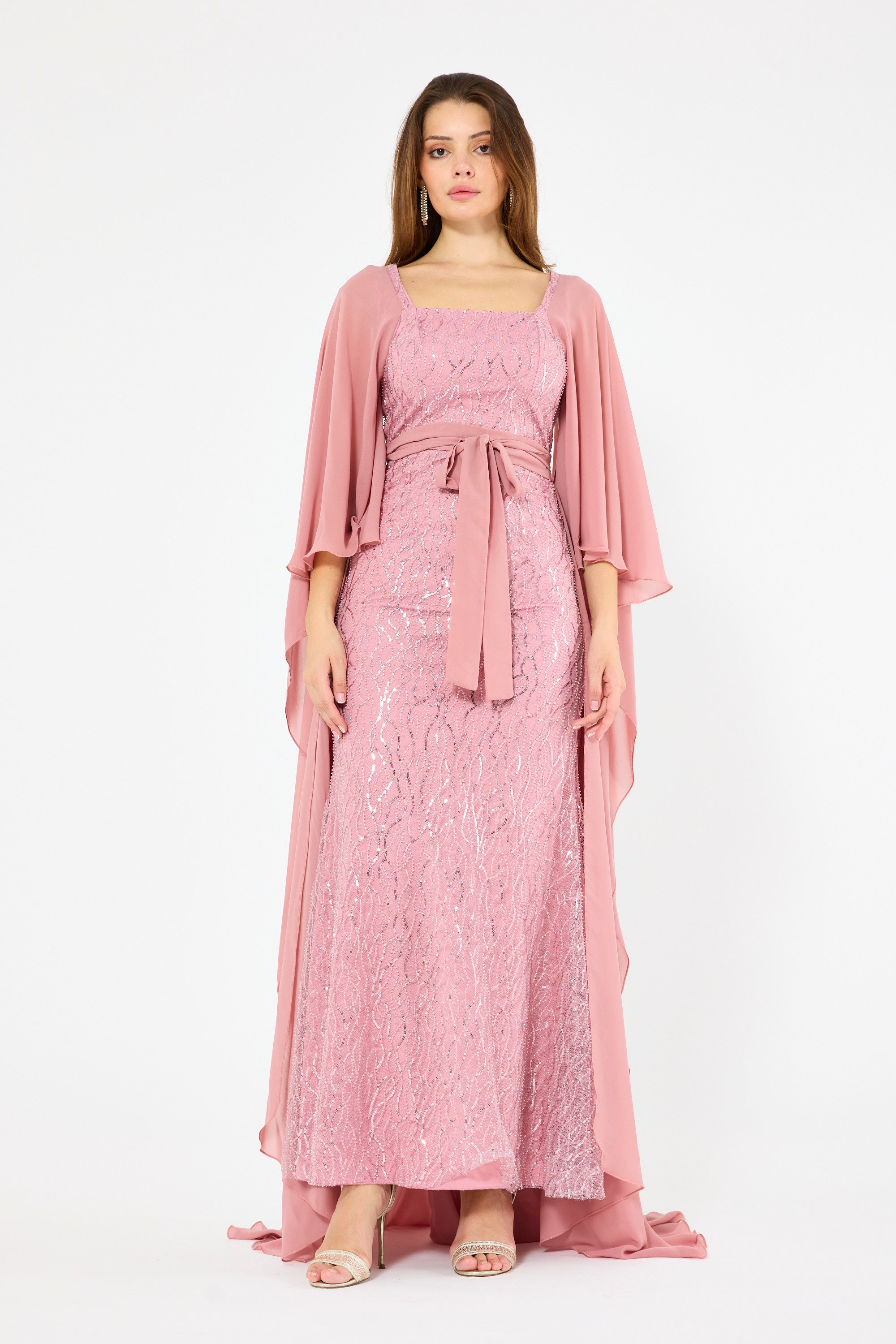 Flare Cape Sleeves Draped Embroidered Gown
