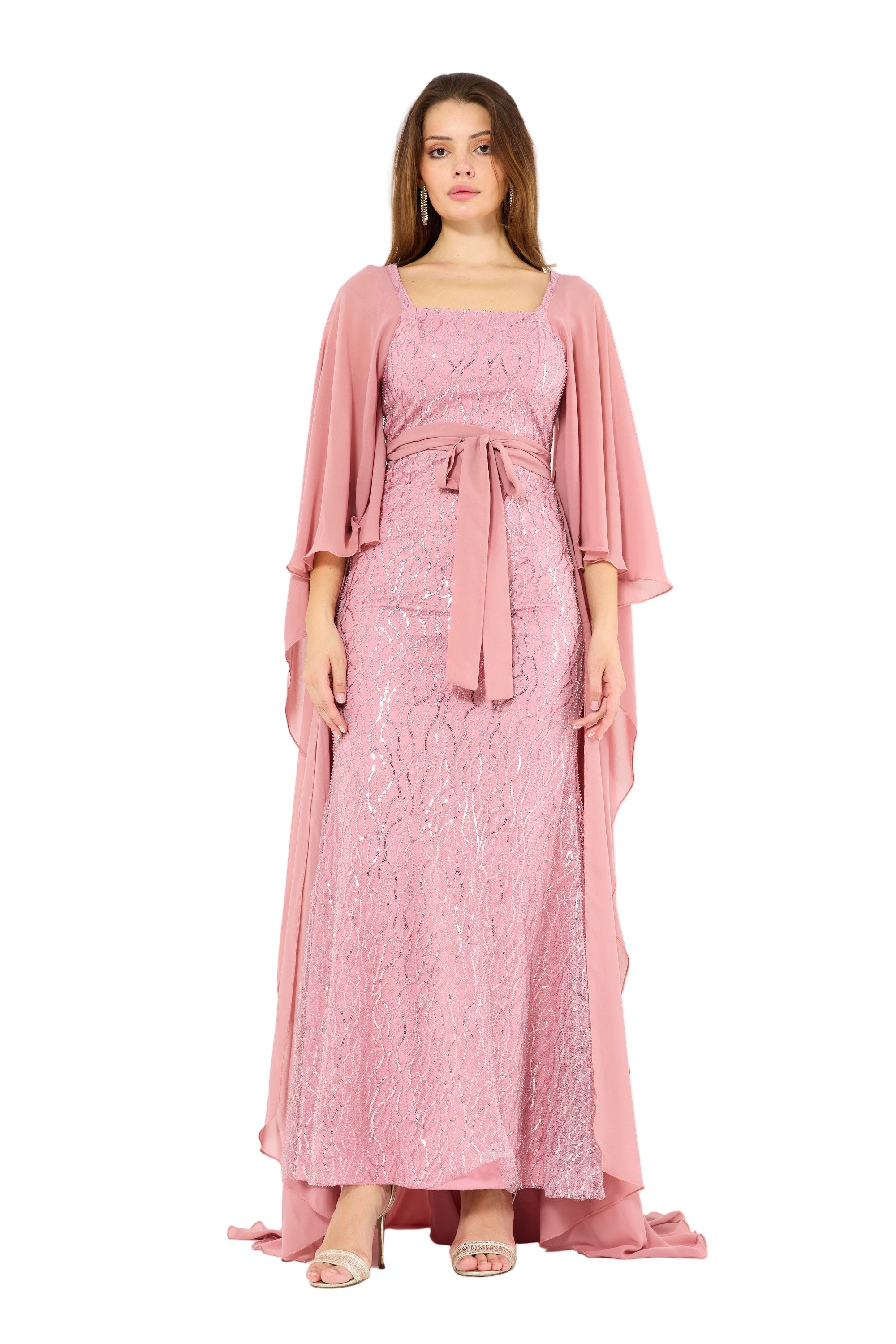 Flare Cape Sleeves Draped Embroidered Gown