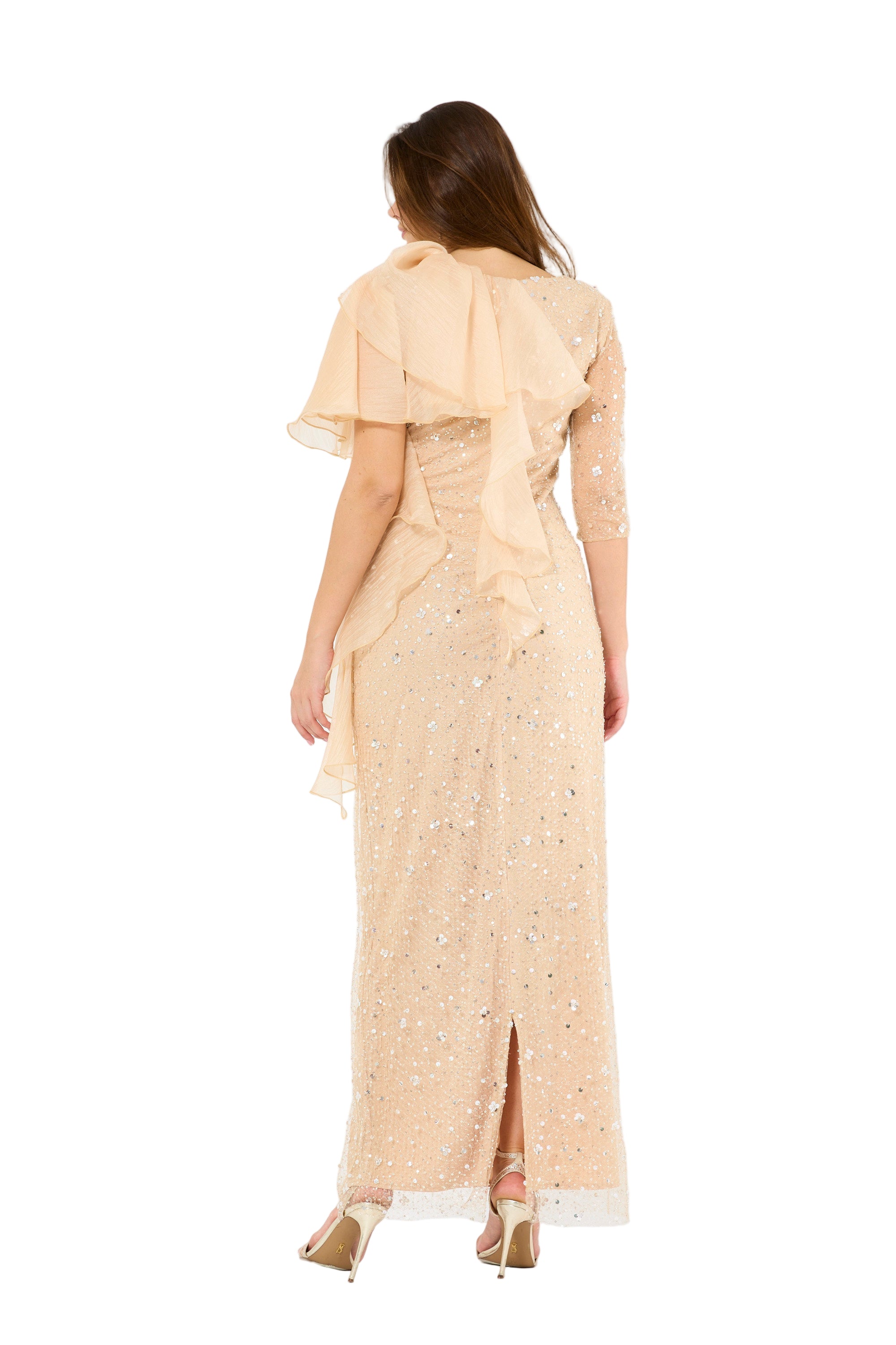Asymmetric Draped Embellished Ruffle Gown