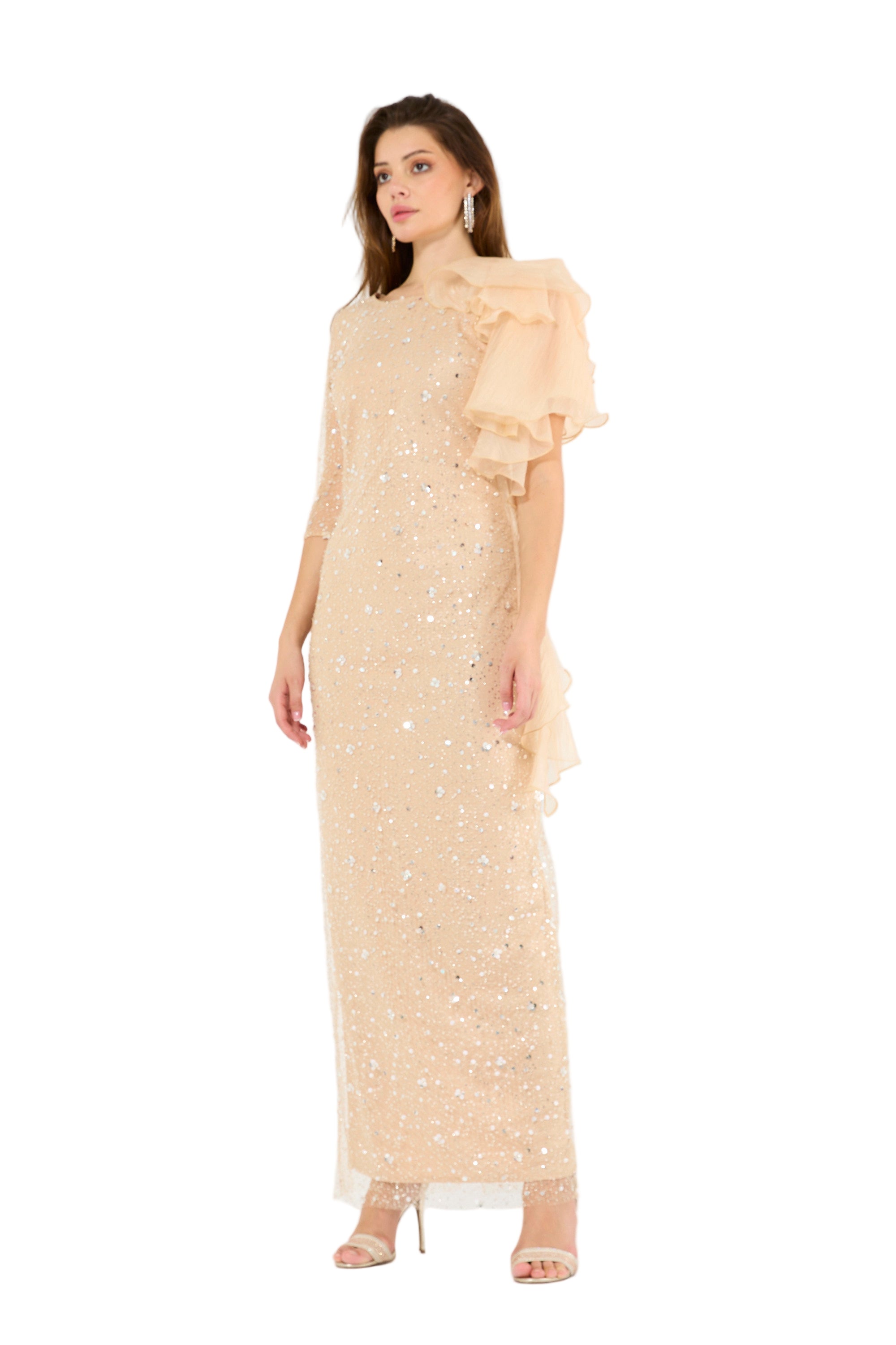 Asymmetric Draped Embellished Ruffle Gown