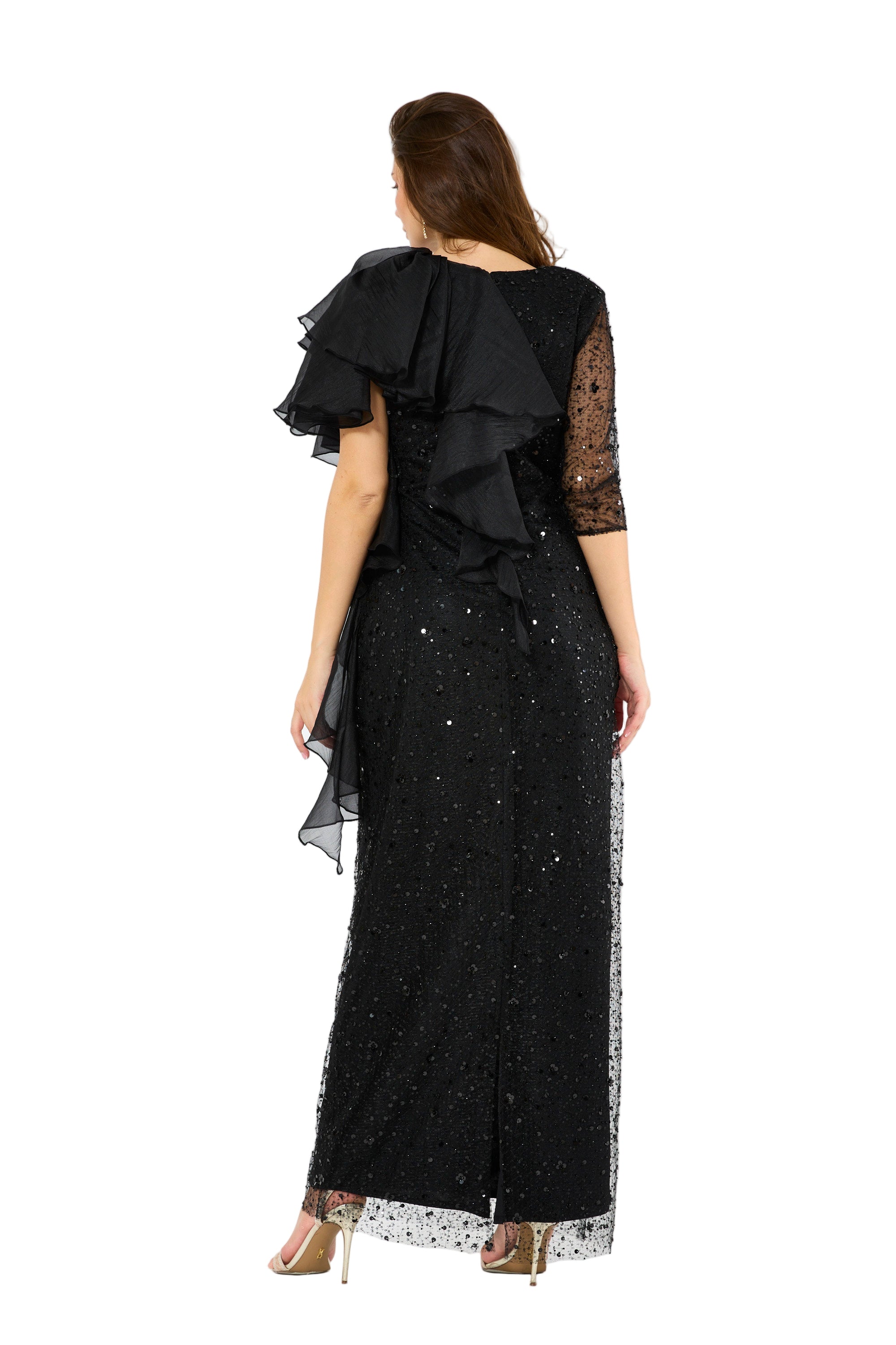 Asymmetric Draped Embellished Ruffle Gown