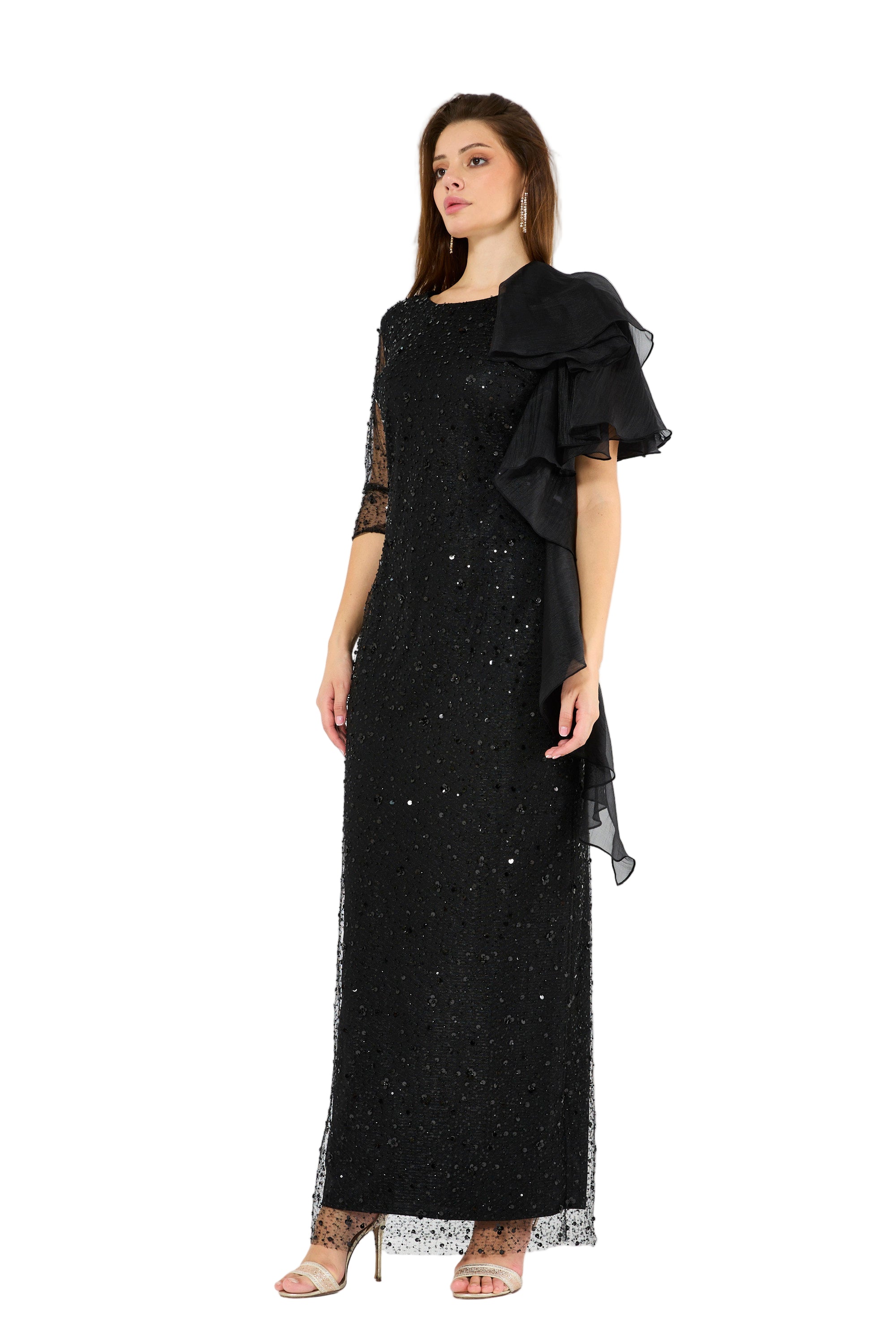 Asymmetric Draped Embellished Ruffle Gown