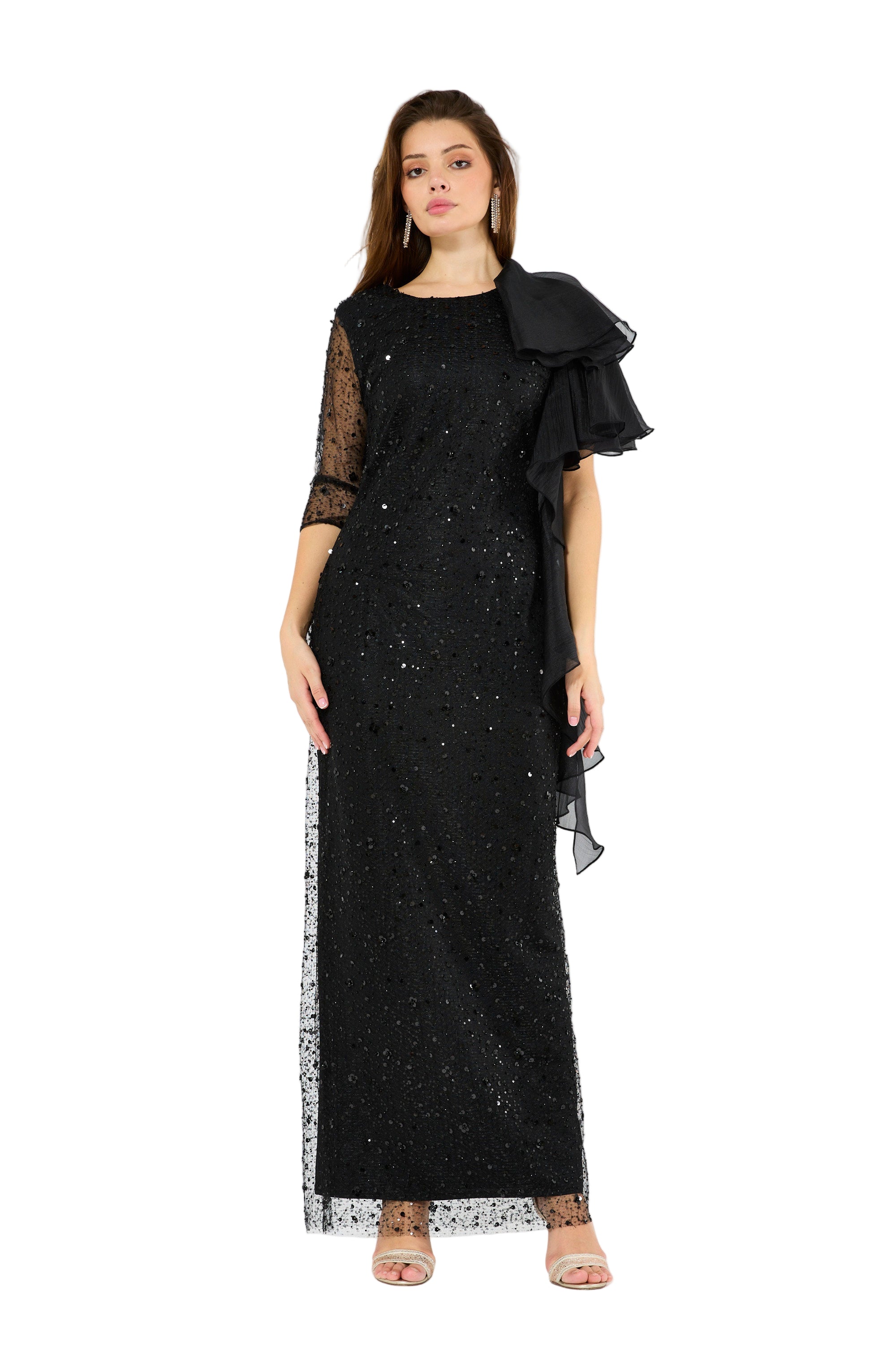 Asymmetric Draped Embellished Ruffle Gown
