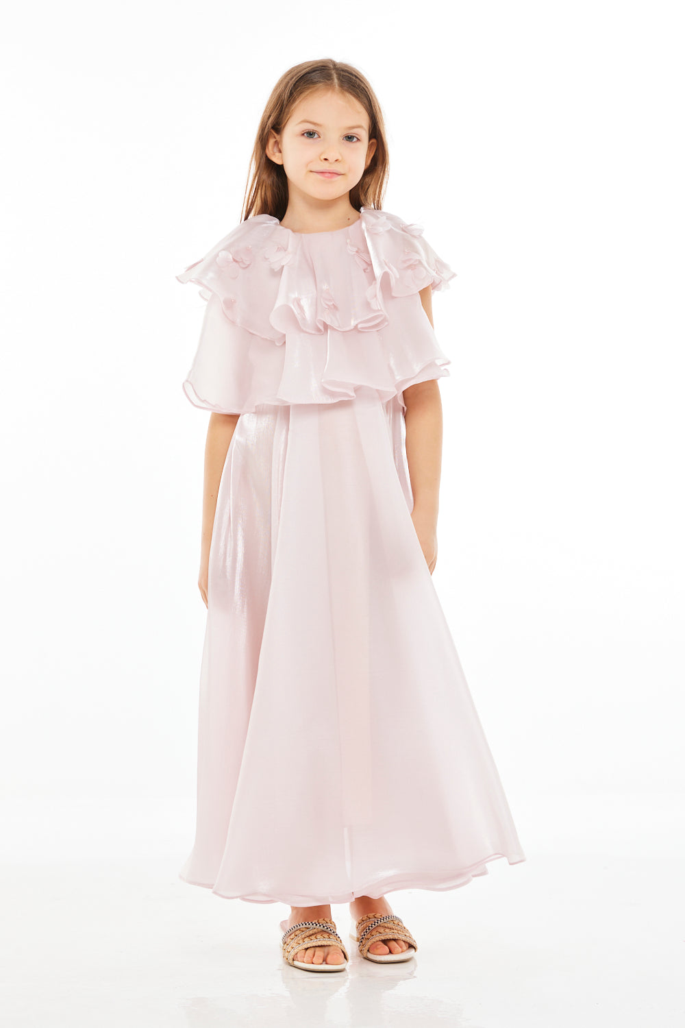 Layered Ruffle Cape Gown