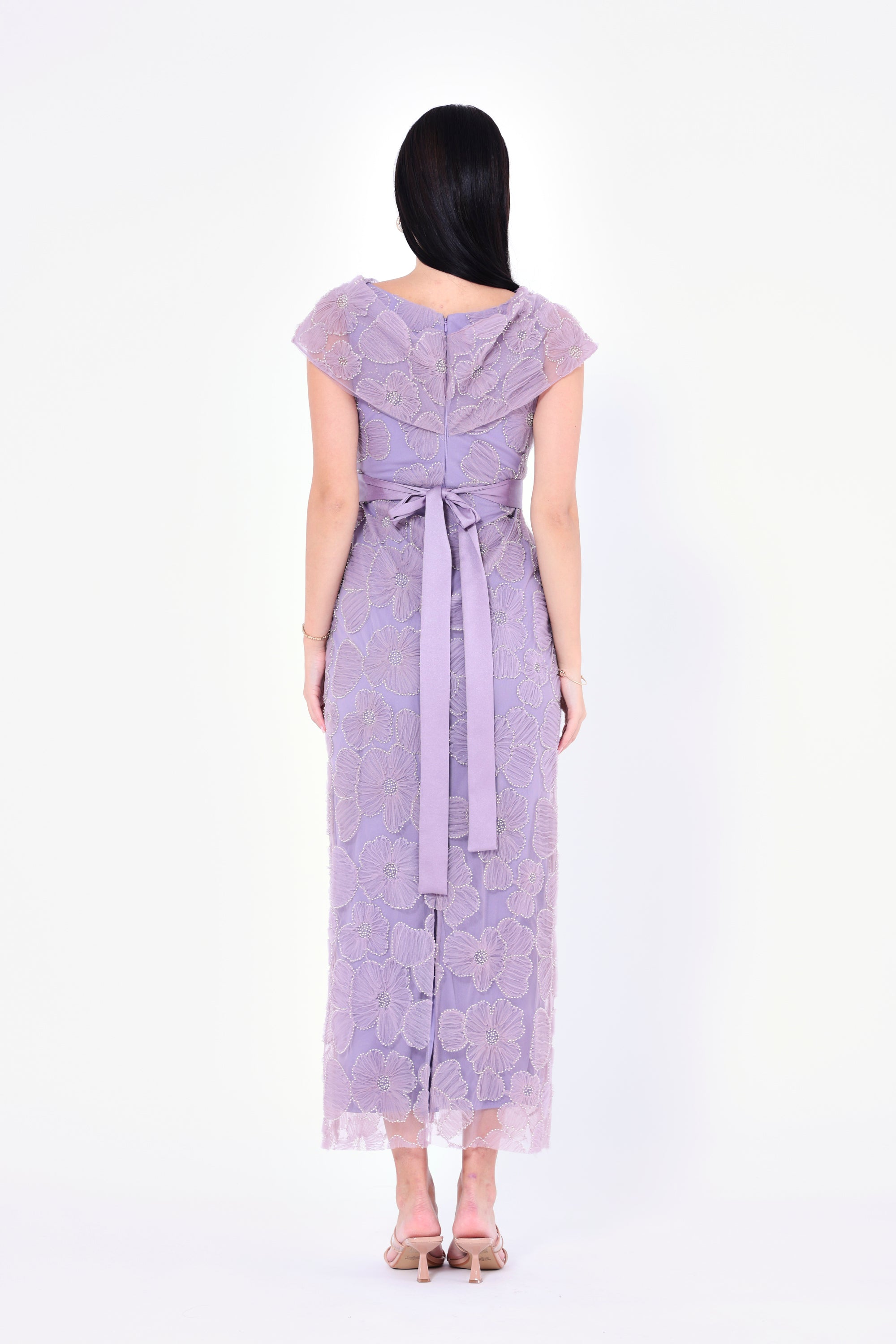 Gathered Flower Appliqué Embellished Gown