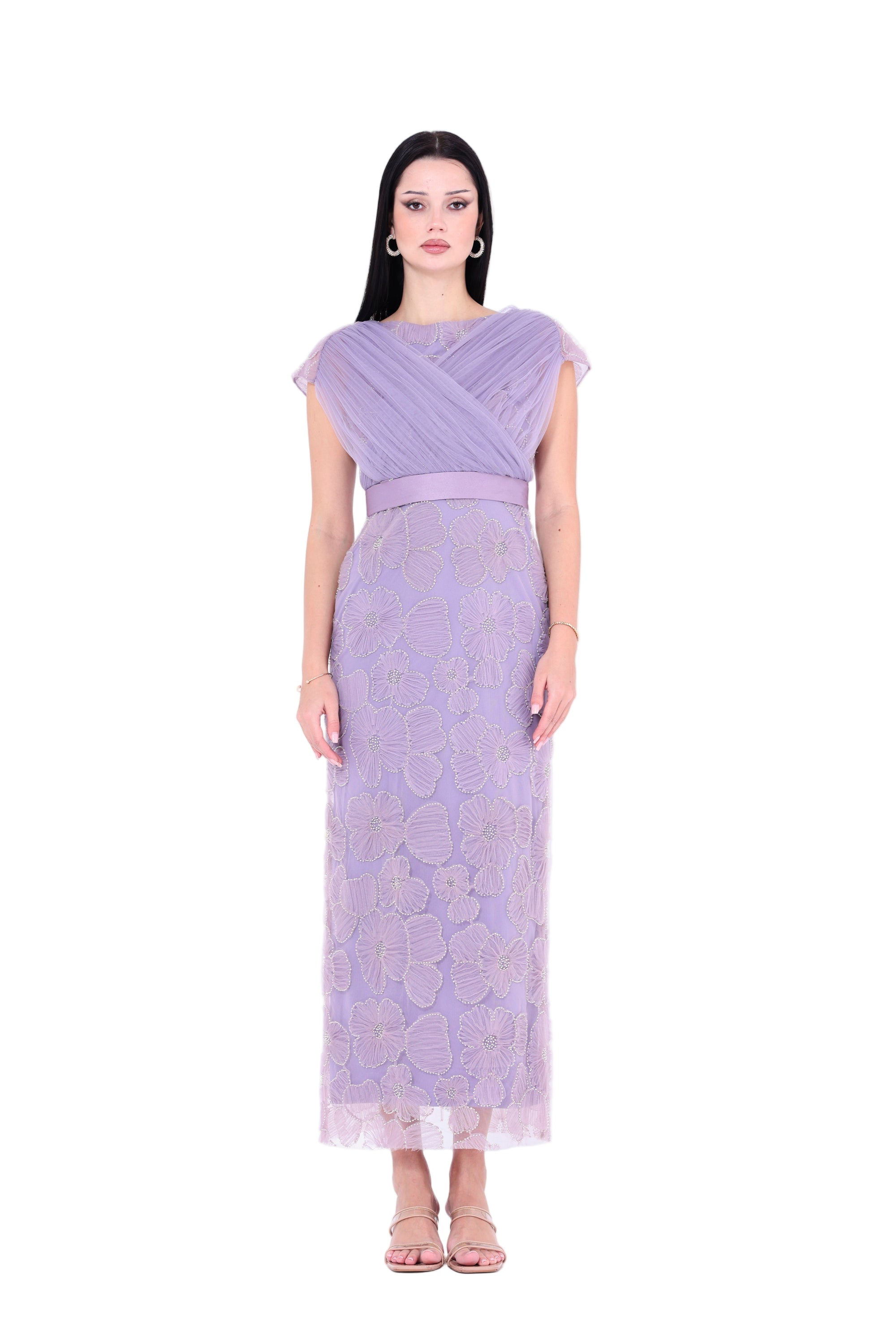 Gathered Flower Appliqué Embellished Gown