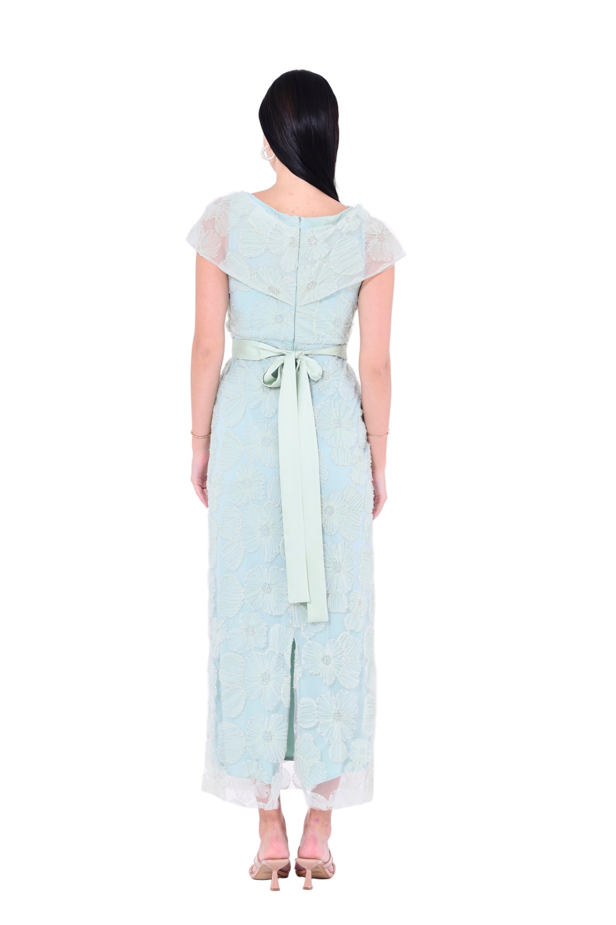 Gathered Flower Appliqué Embellished Gown