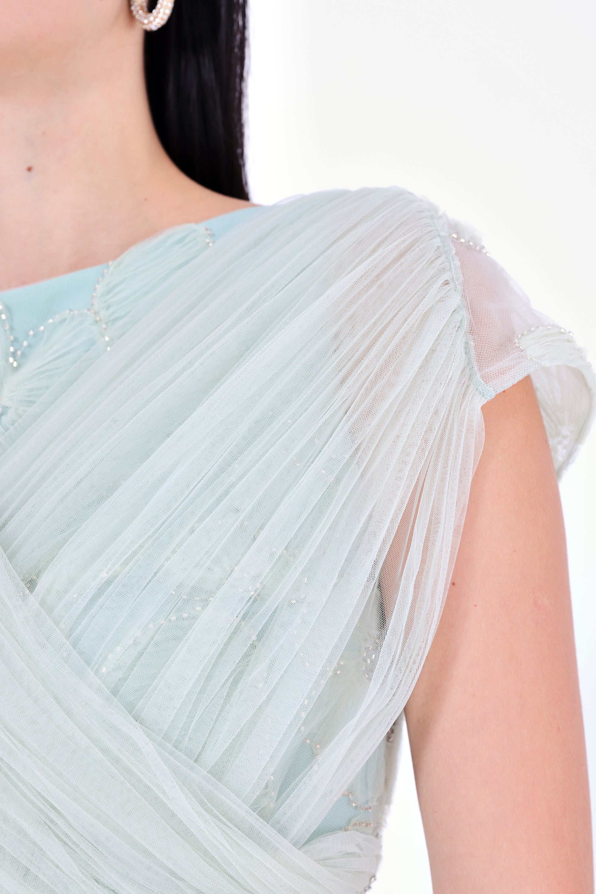Gathered Flower Appliqué Embellished Gown