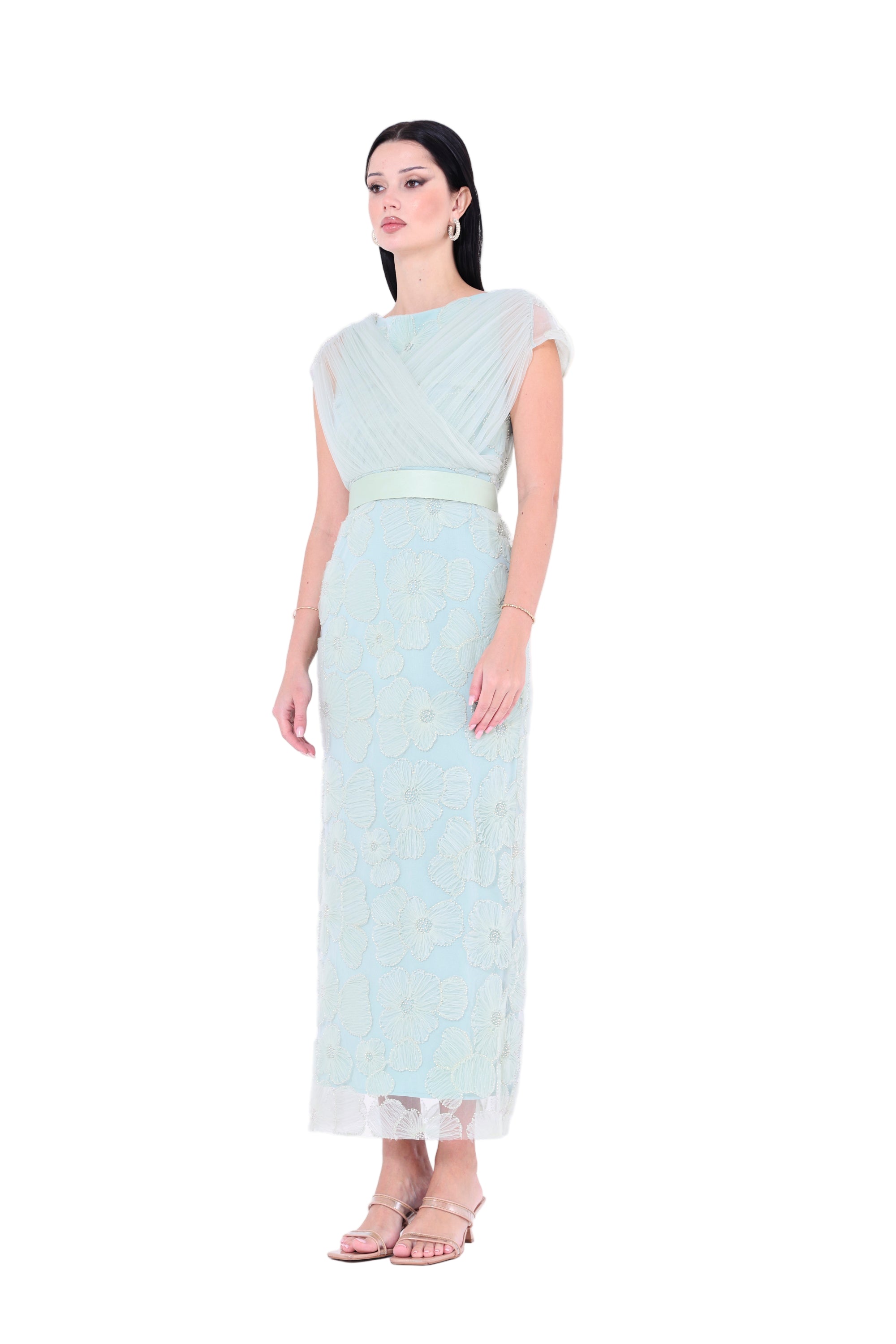 Gathered Flower Appliqué Embellished Gown