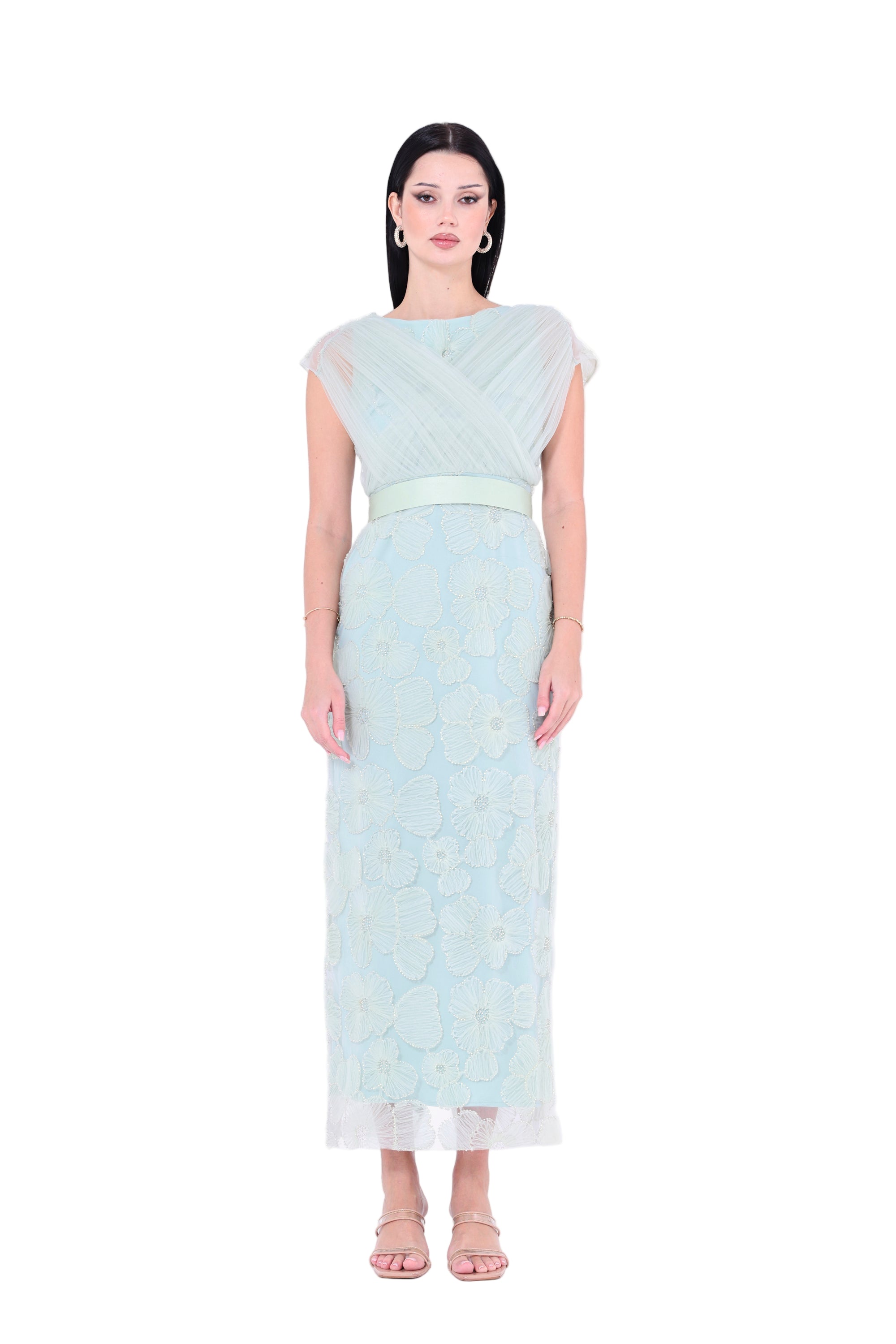 Gathered Flower Appliqué Embellished Gown