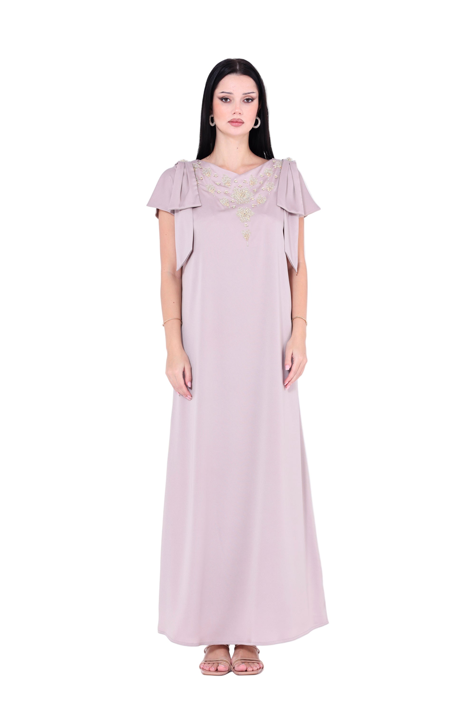 Embellished V-Neck Bow Detail Gown