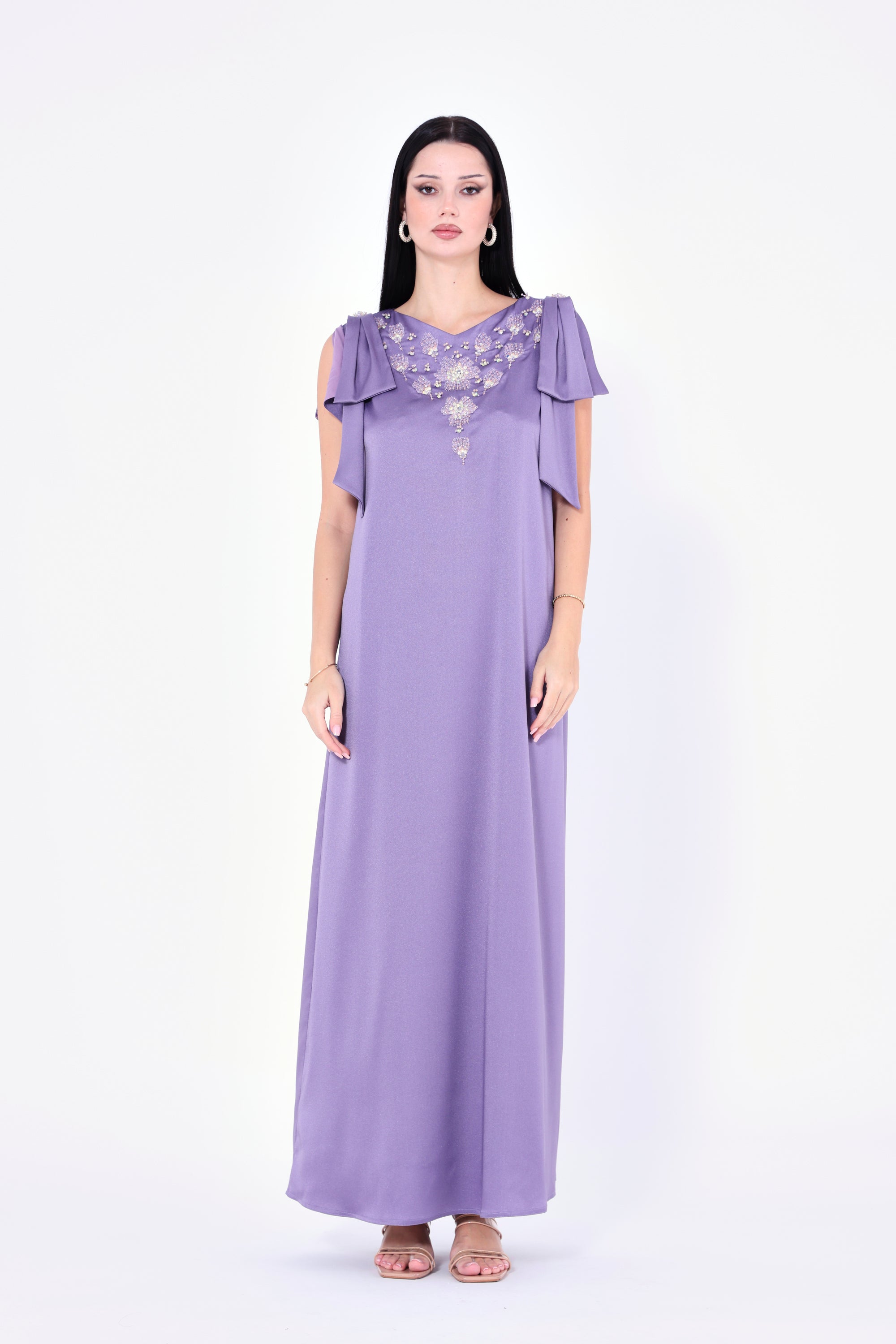 Embellished V-Neck Bow Detail Gown