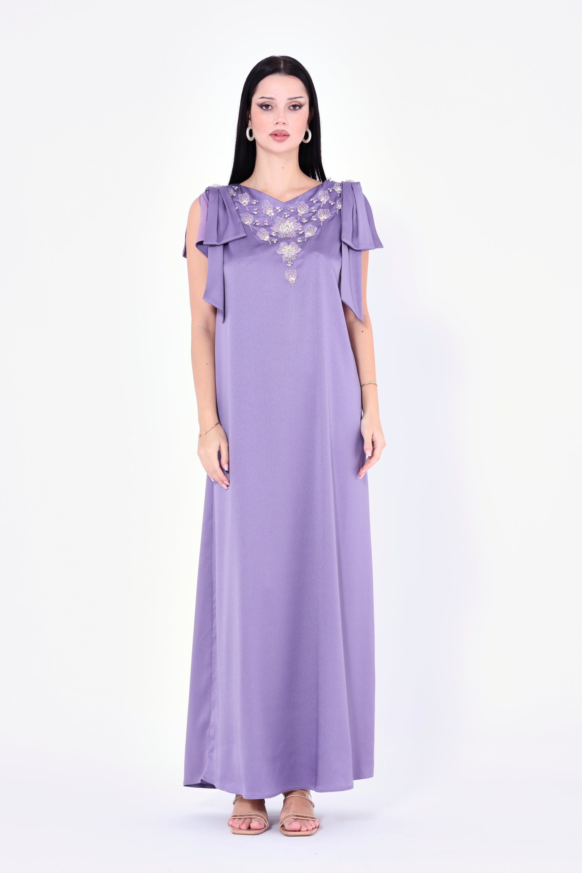 Embellished V-Neck Bow Detail Gown