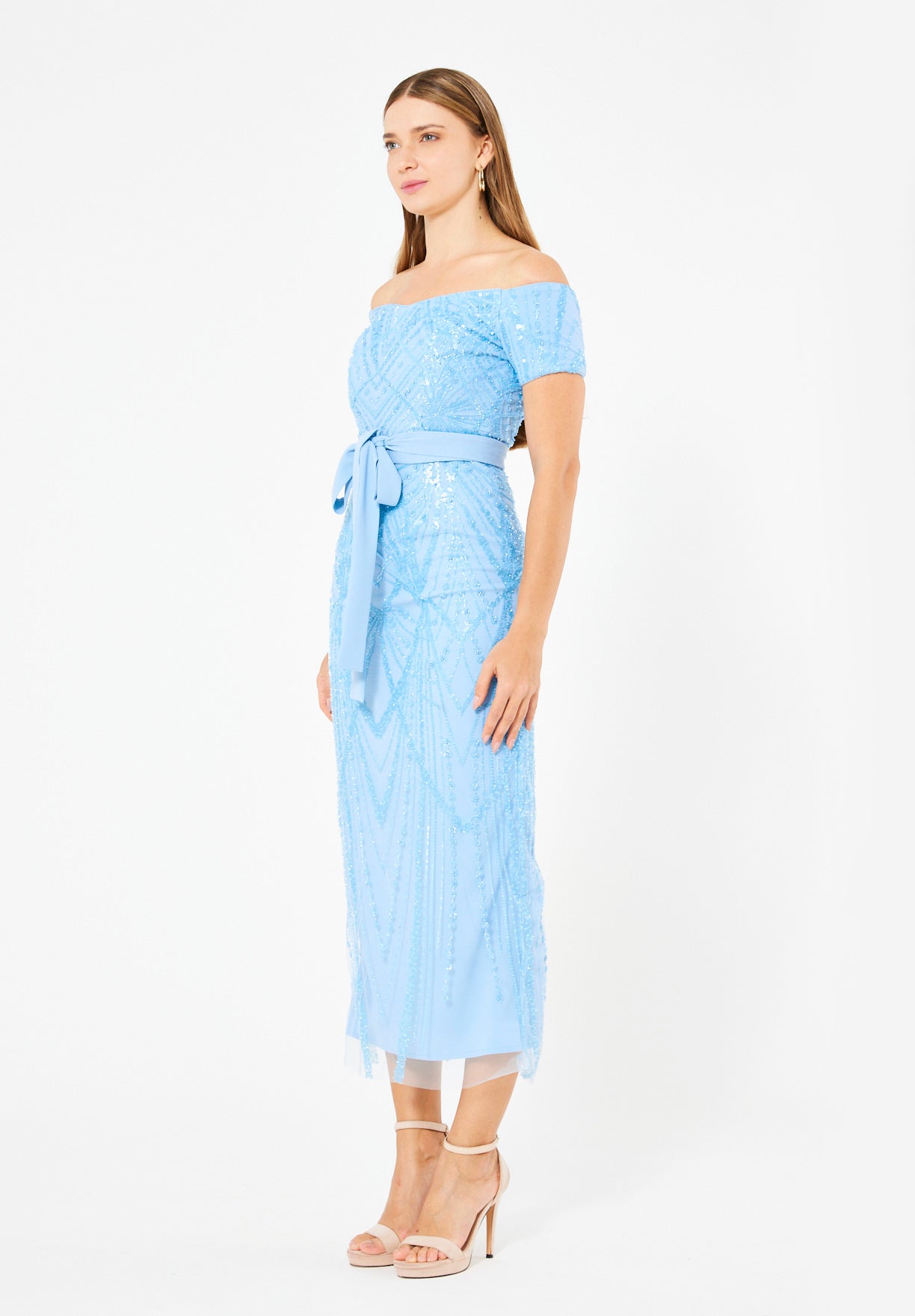 Embellished Off-The-Shoulder Midi Dress