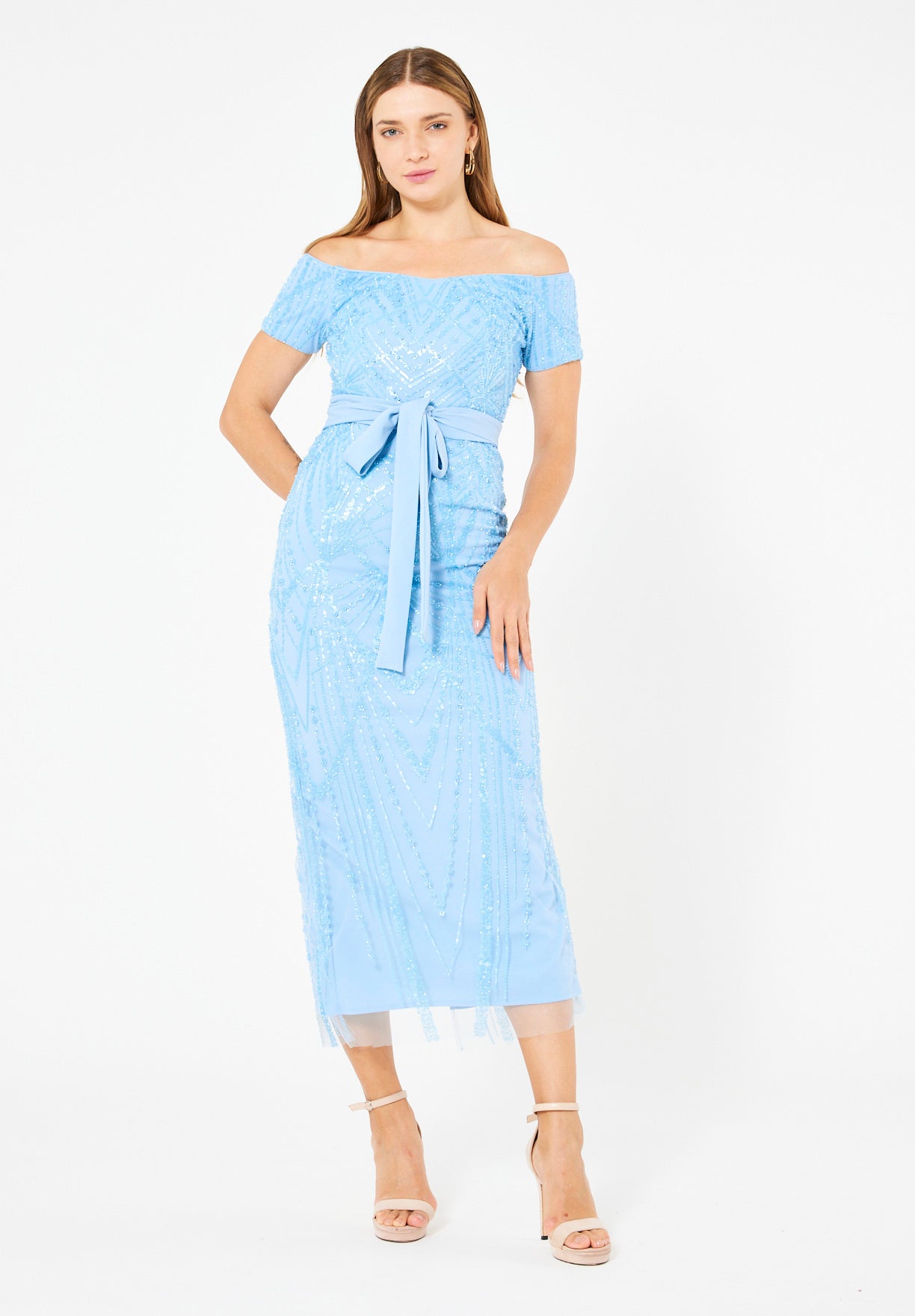 Embellished Off-The-Shoulder Midi Dress