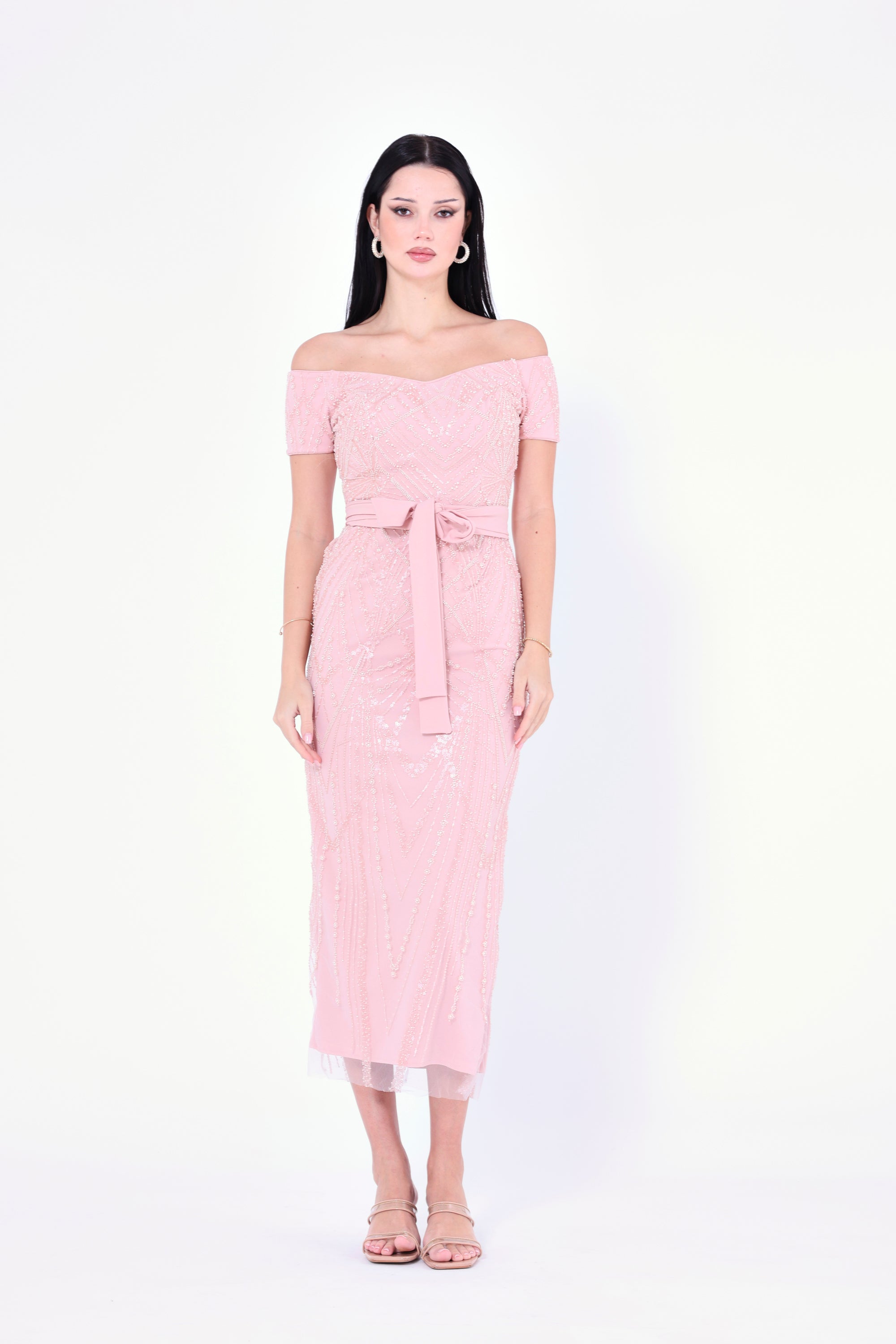 Embellished Off-The-Shoulder Midi Dress