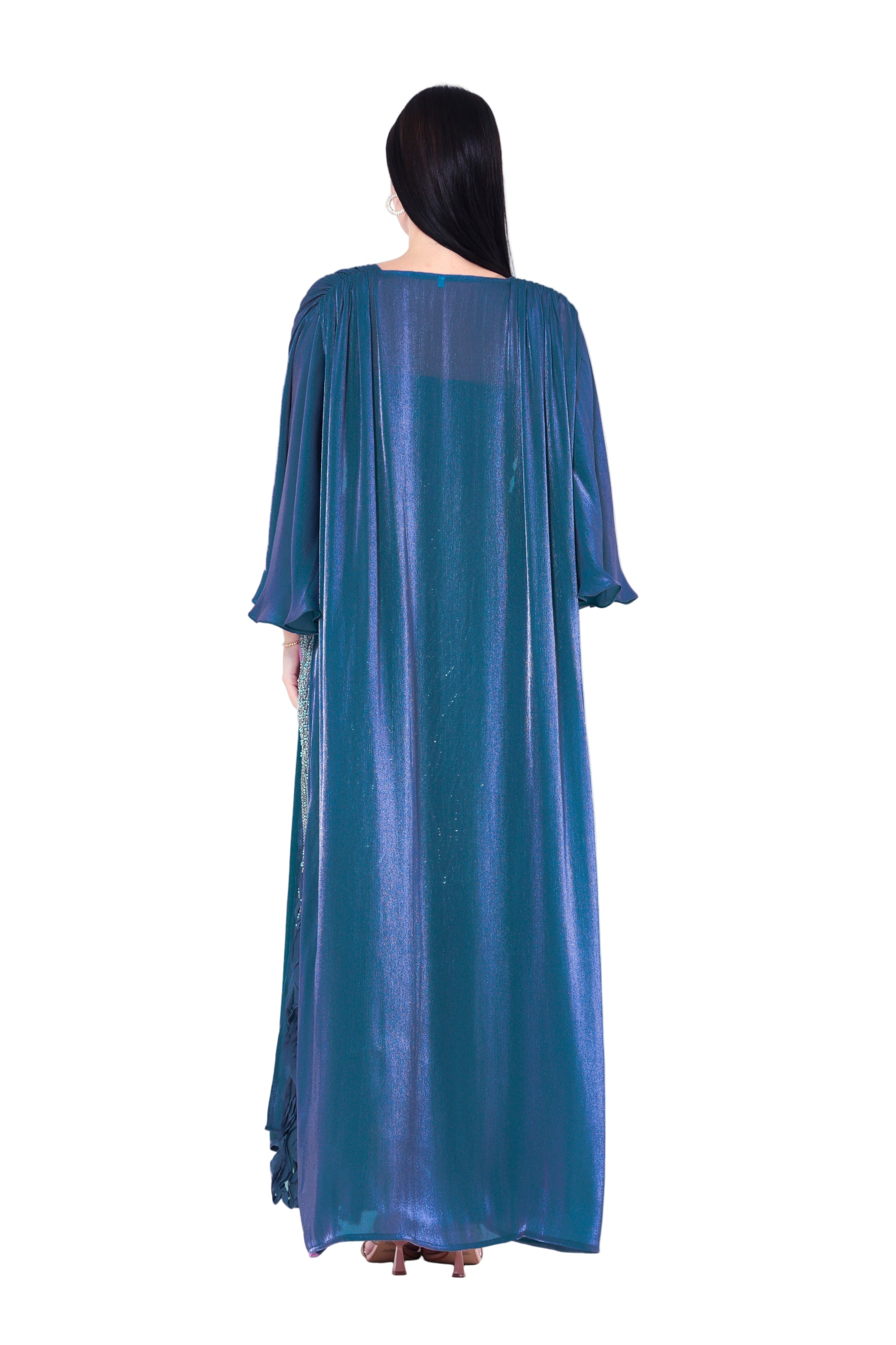 Ruffles Embellished Tulle Dress With Long Overlay Bisht