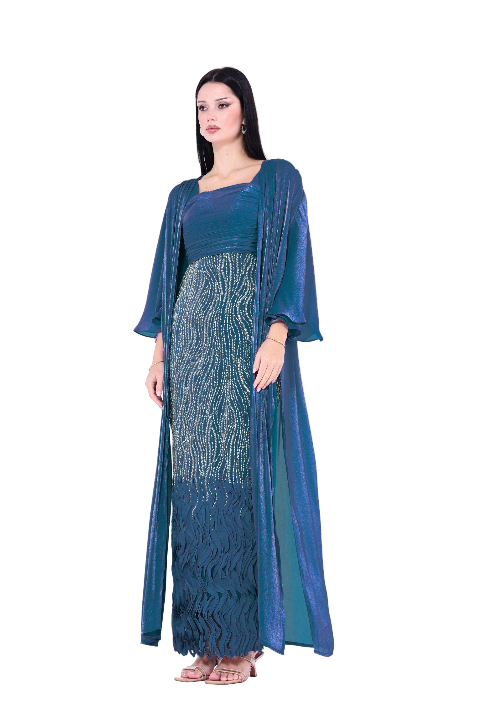 Ruffles Embellished Tulle Dress With Long Overlay Bisht