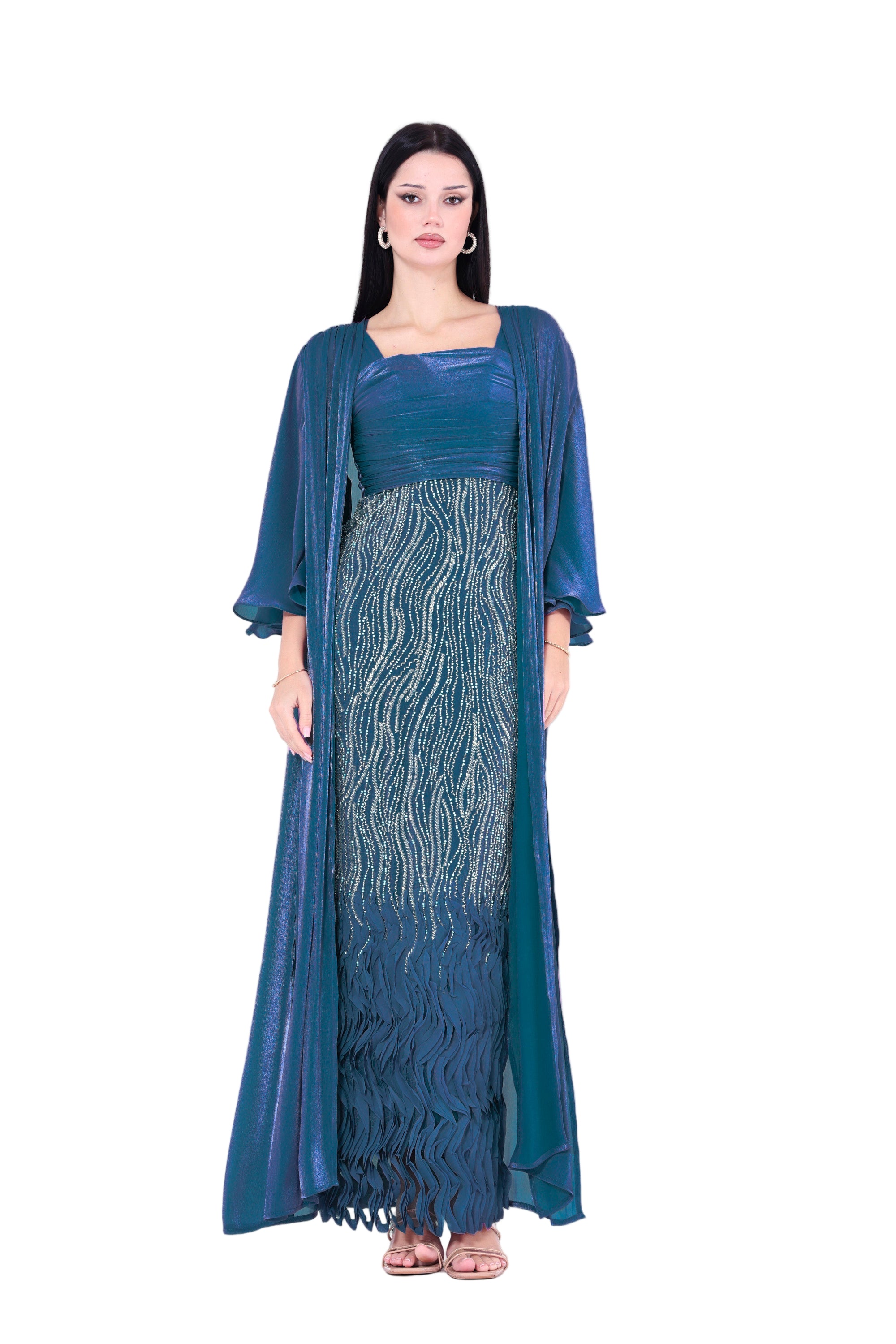 Ruffles Embellished Tulle Dress With Long Overlay Bisht