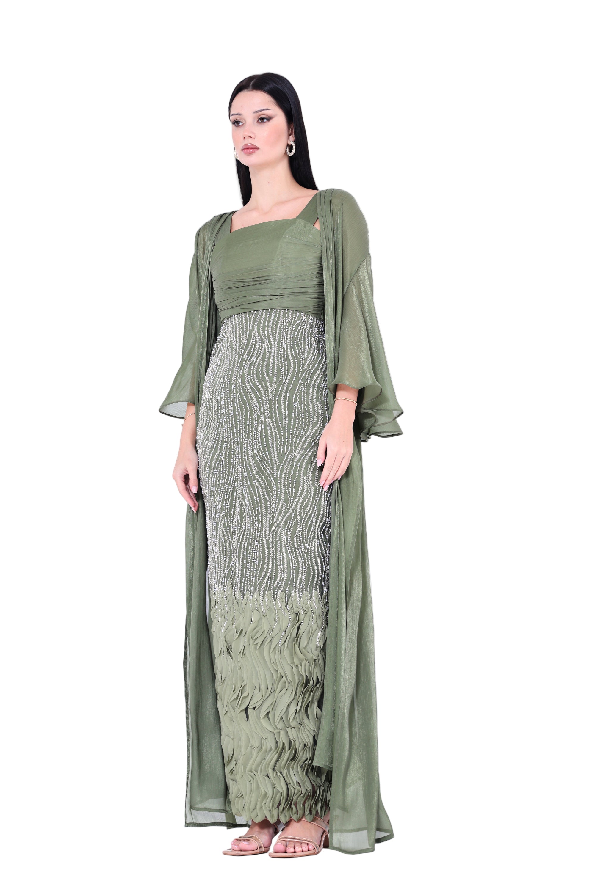 Ruffles Embellished Tulle Dress With Long Overlay Bisht