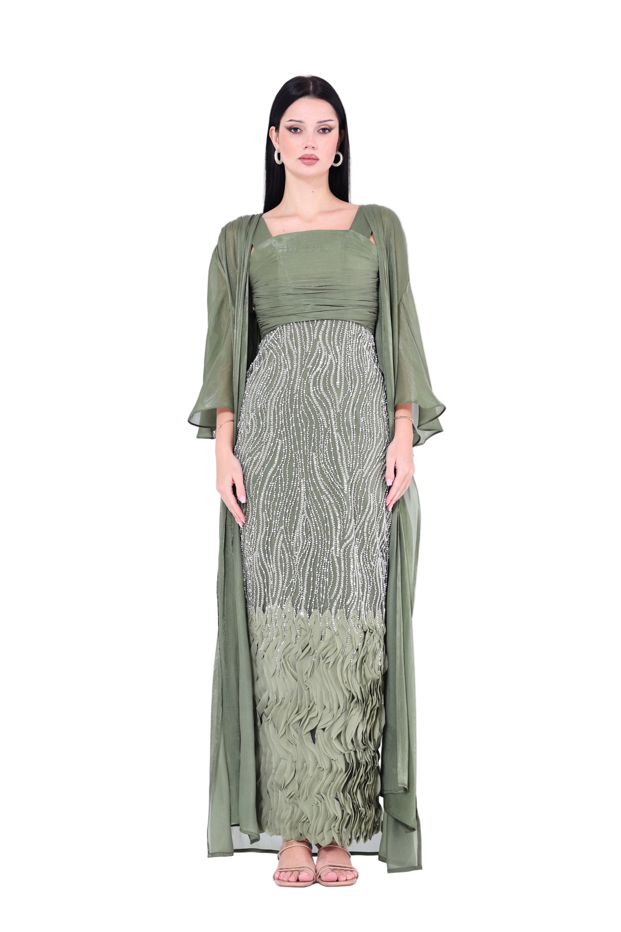 Ruffles Embellished Tulle Dress With Long Overlay Bisht