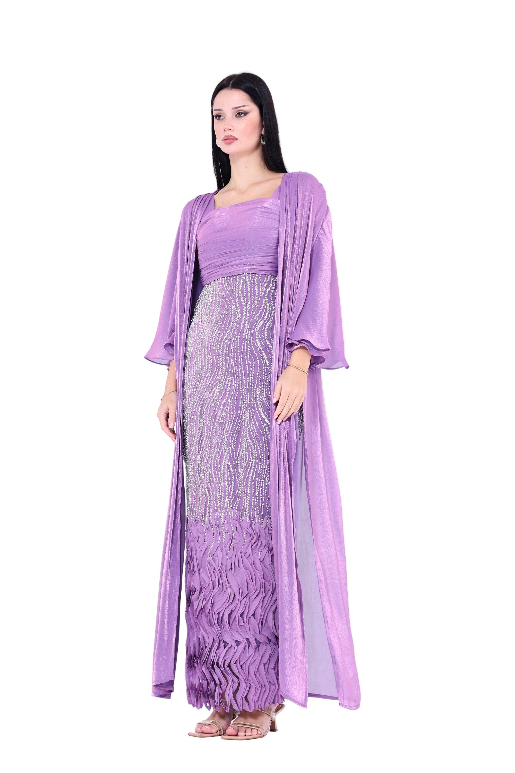 Ruffles Embellished Tulle Dress With Long Overlay Bisht
