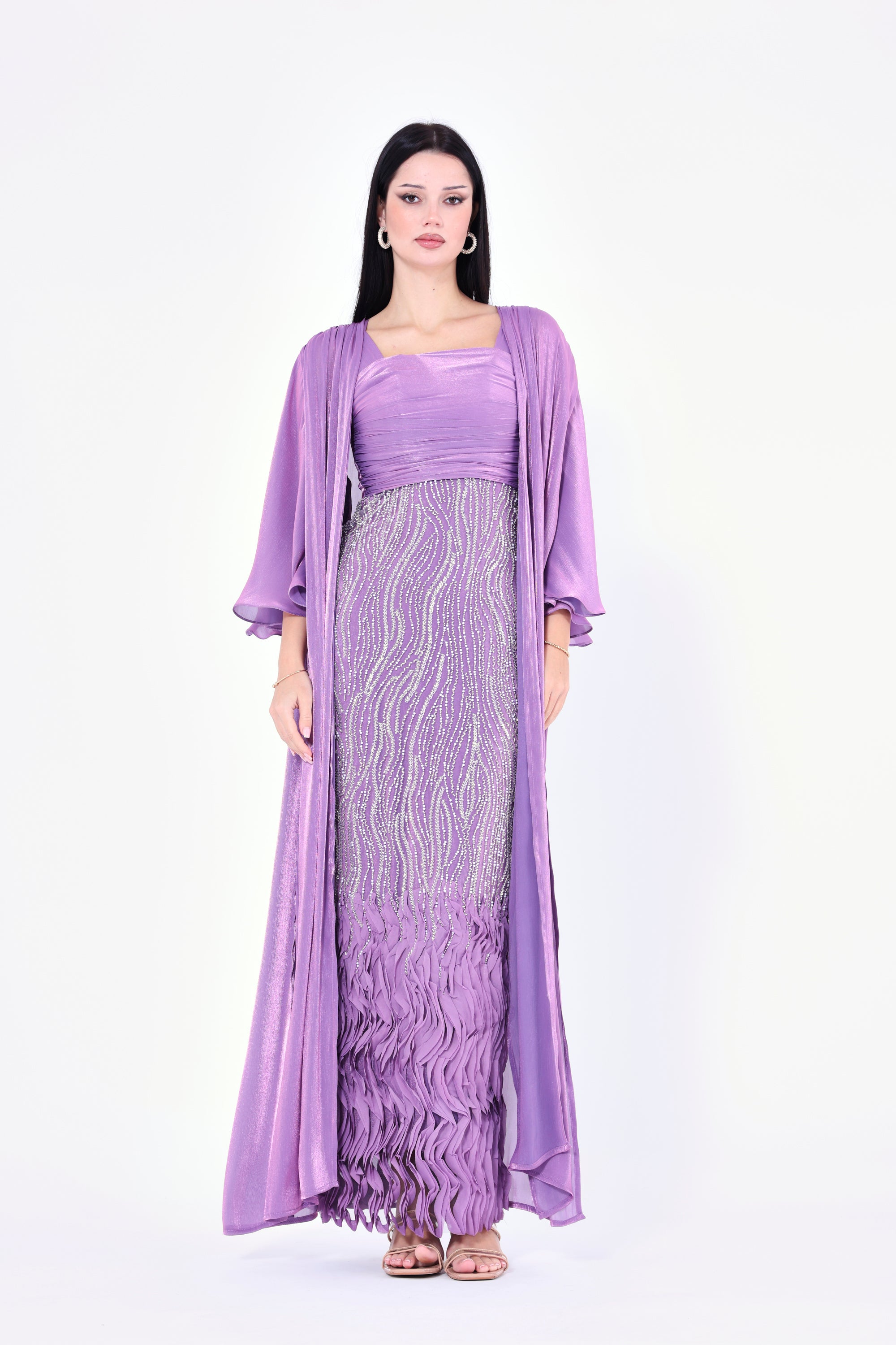 Ruffles Embellished Tulle Dress With Long Overlay Bisht