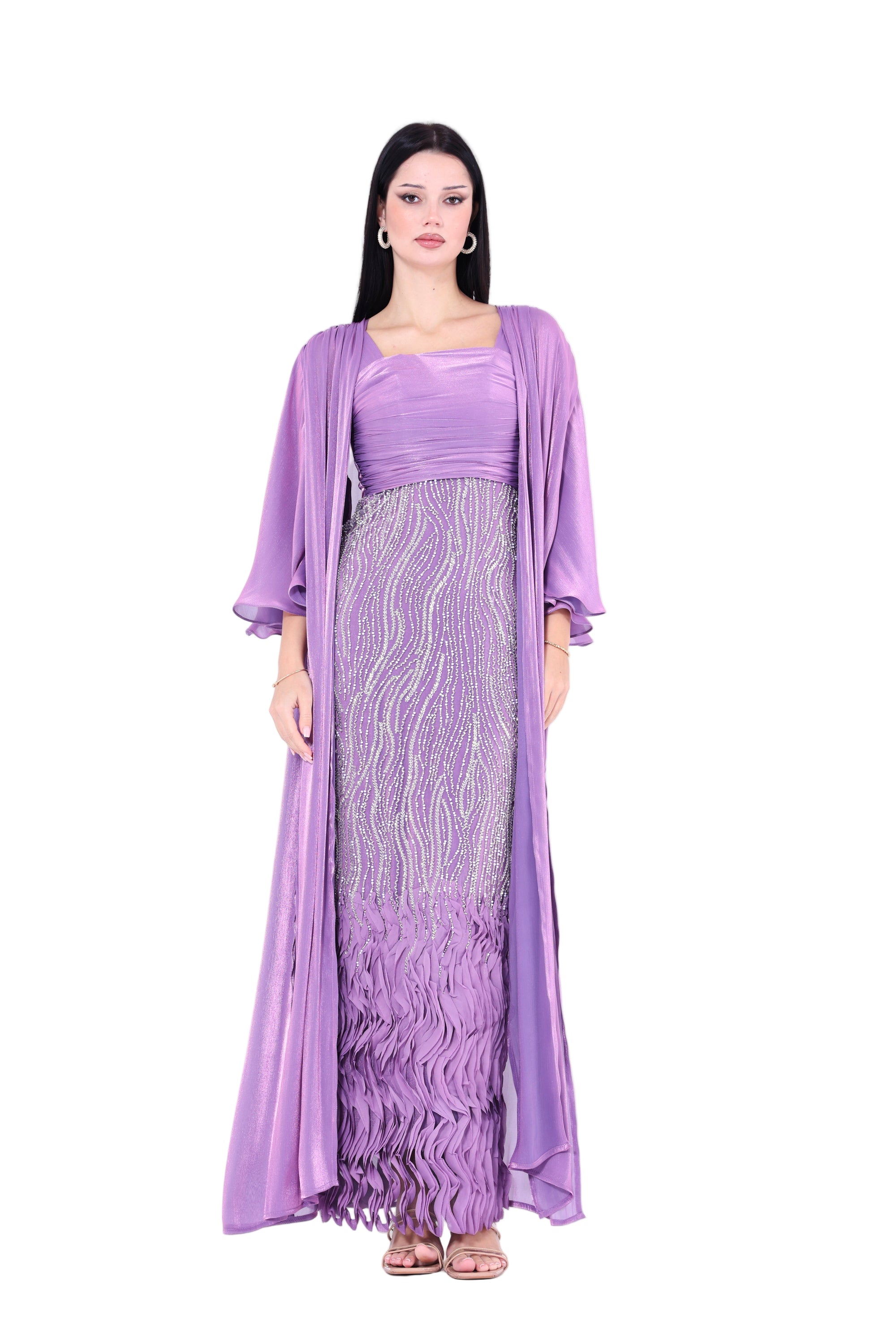 Ruffles Embellished Tulle Dress With Long Overlay Bisht