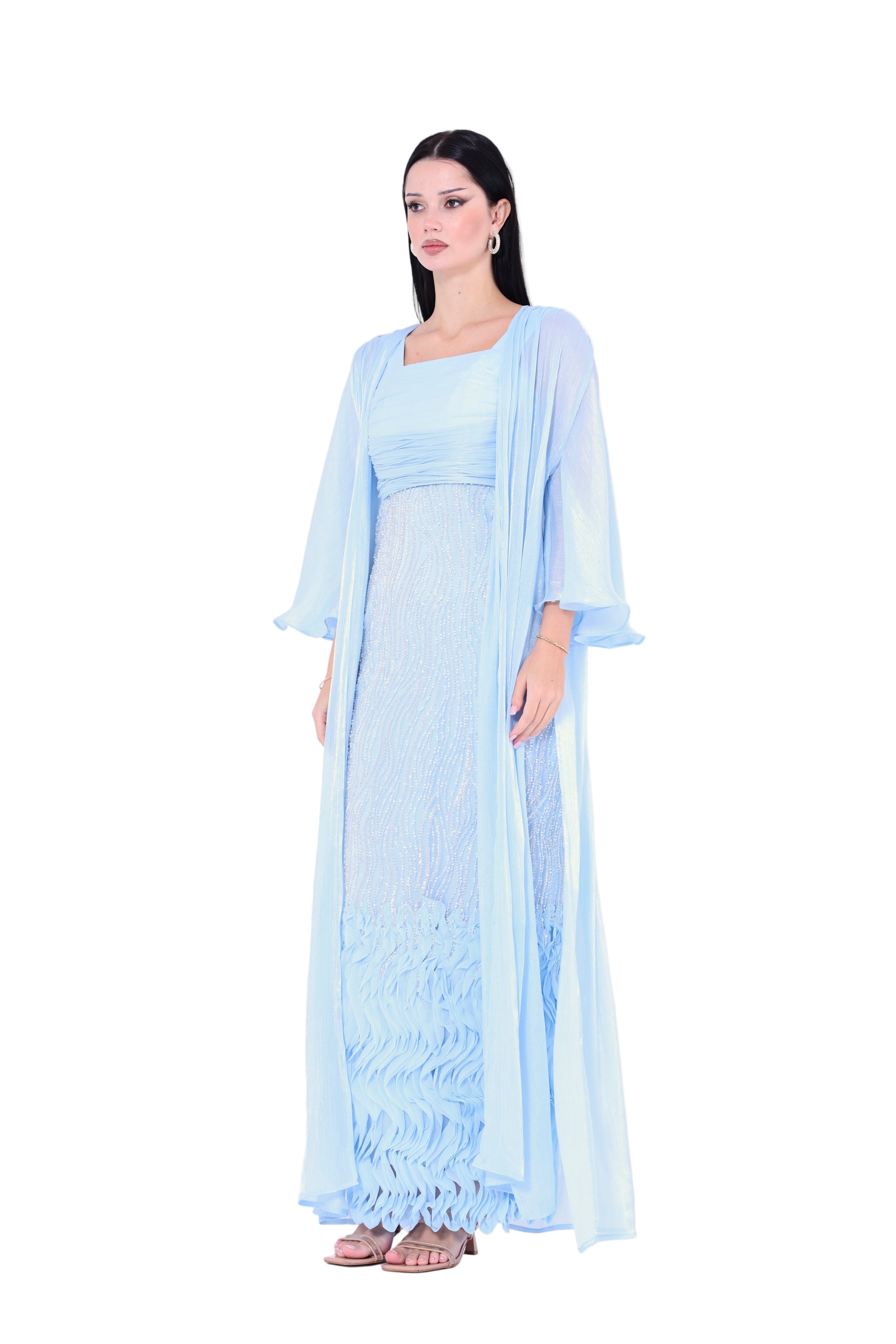 Ruffles Embellished Tulle Dress With Long Overlay Bisht